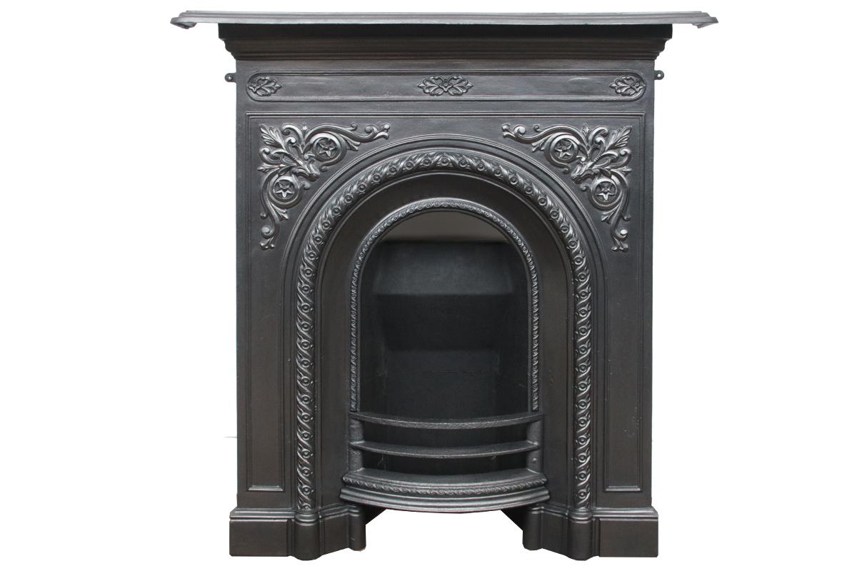 19th Century Antique Victorian Arched Cast Iron Bedroom Fireplace