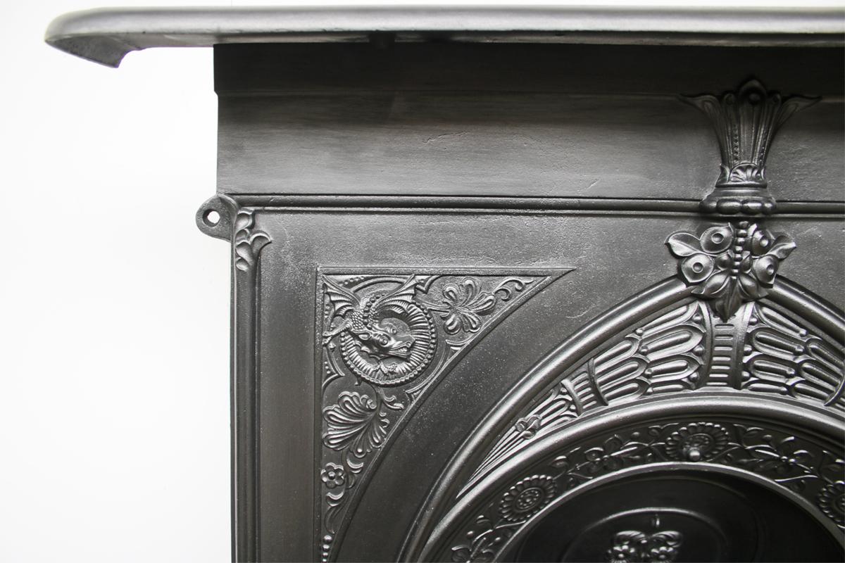 English Antique Victorian Arched Cast Iron Combination Fireplace, circa 1879