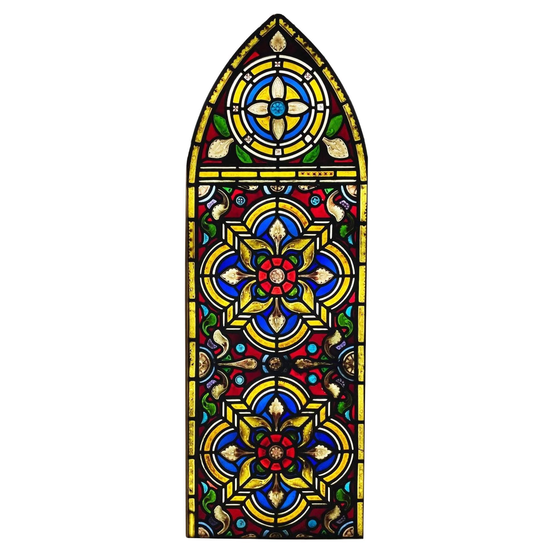 Antique Victorian Arched Stained Glass Window of Tudor Rose For Sale