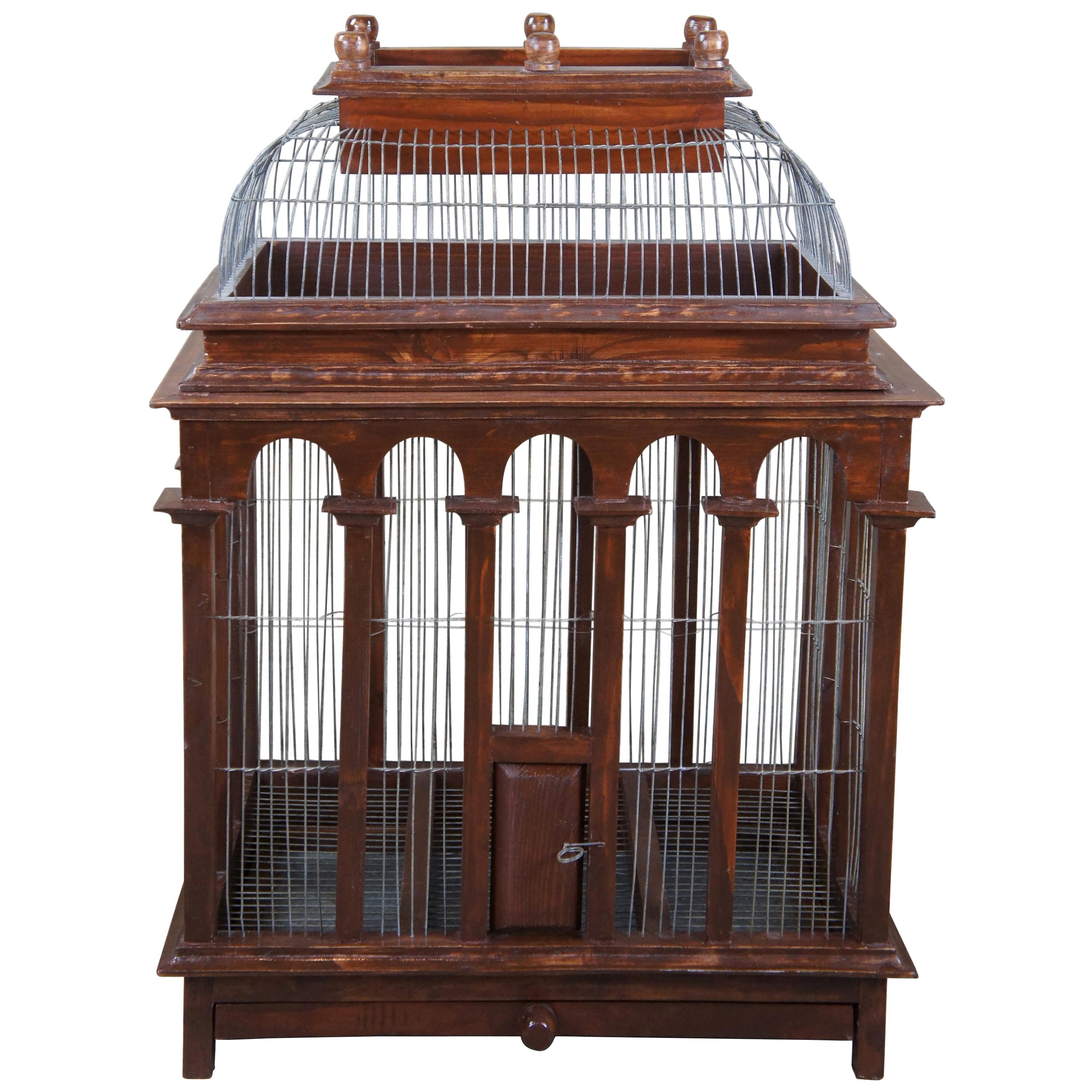 Antique Victorian Architectural Dome Top Wooden & Metal Wire Bird Cage