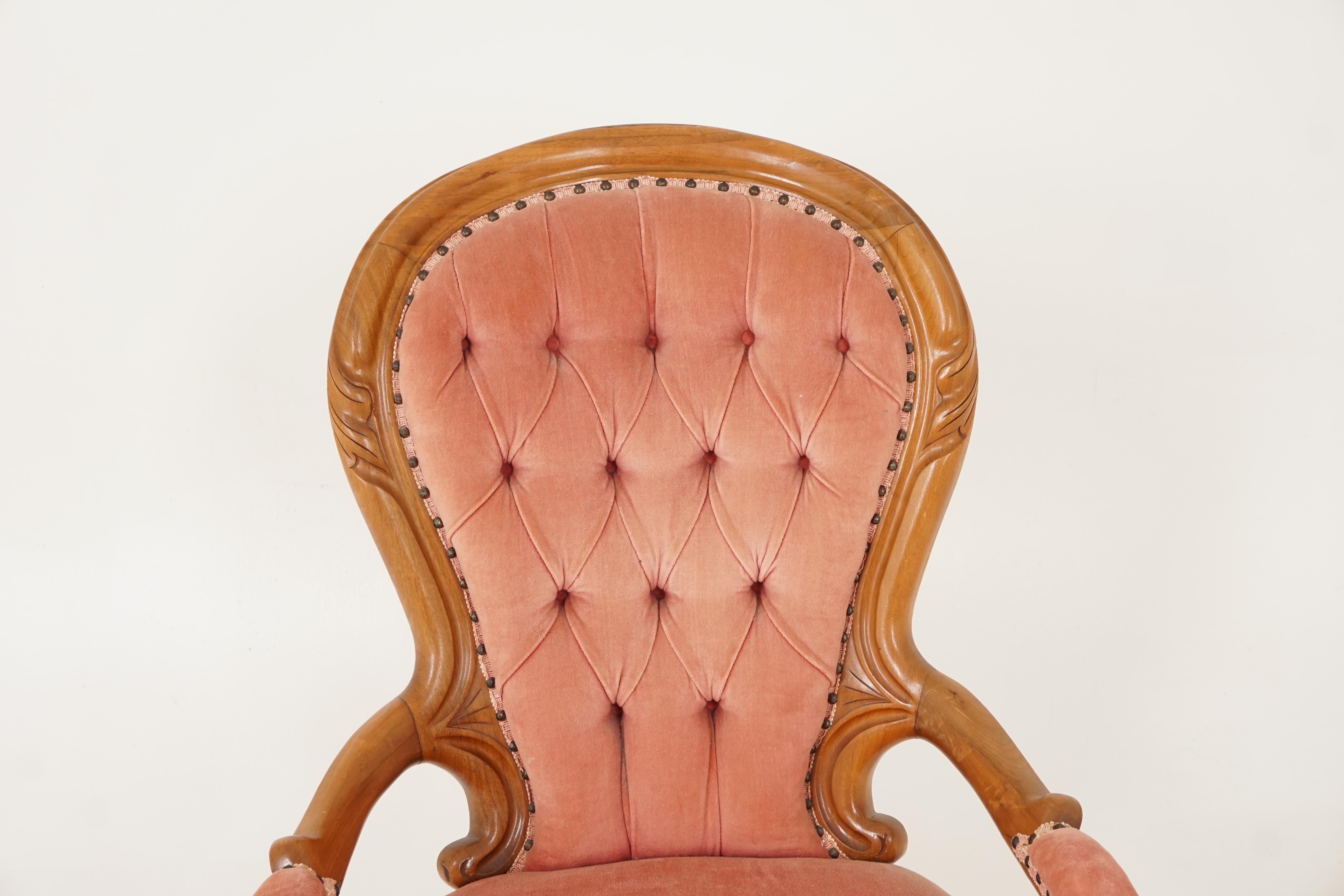 Scottish Antique Victorian Arm Chair, Carved Walnut, Button Back, Scotland 1870, B2504