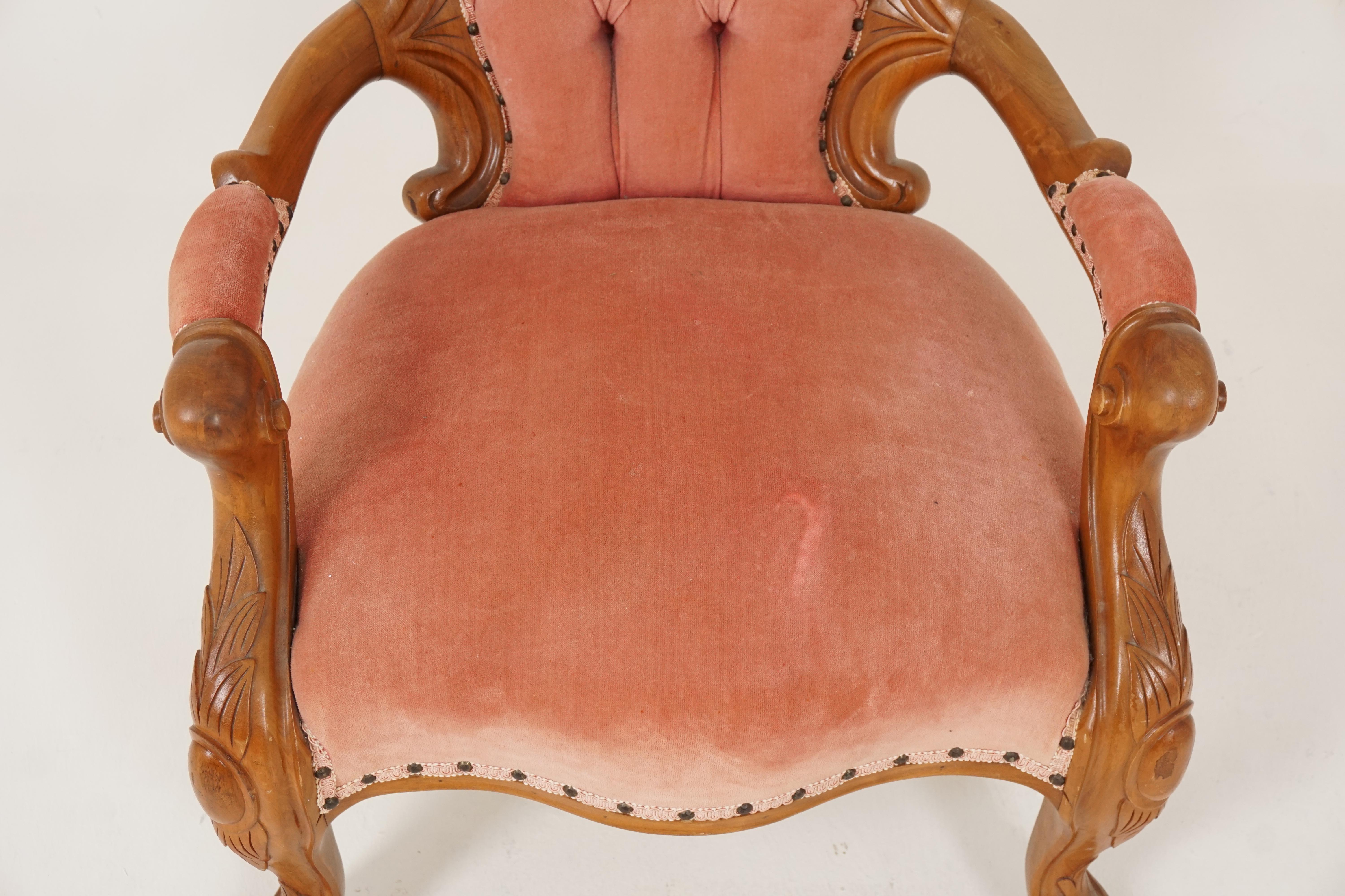 Hand-Crafted Antique Victorian Arm Chair, Carved Walnut, Button Back, Scotland 1870, B2504