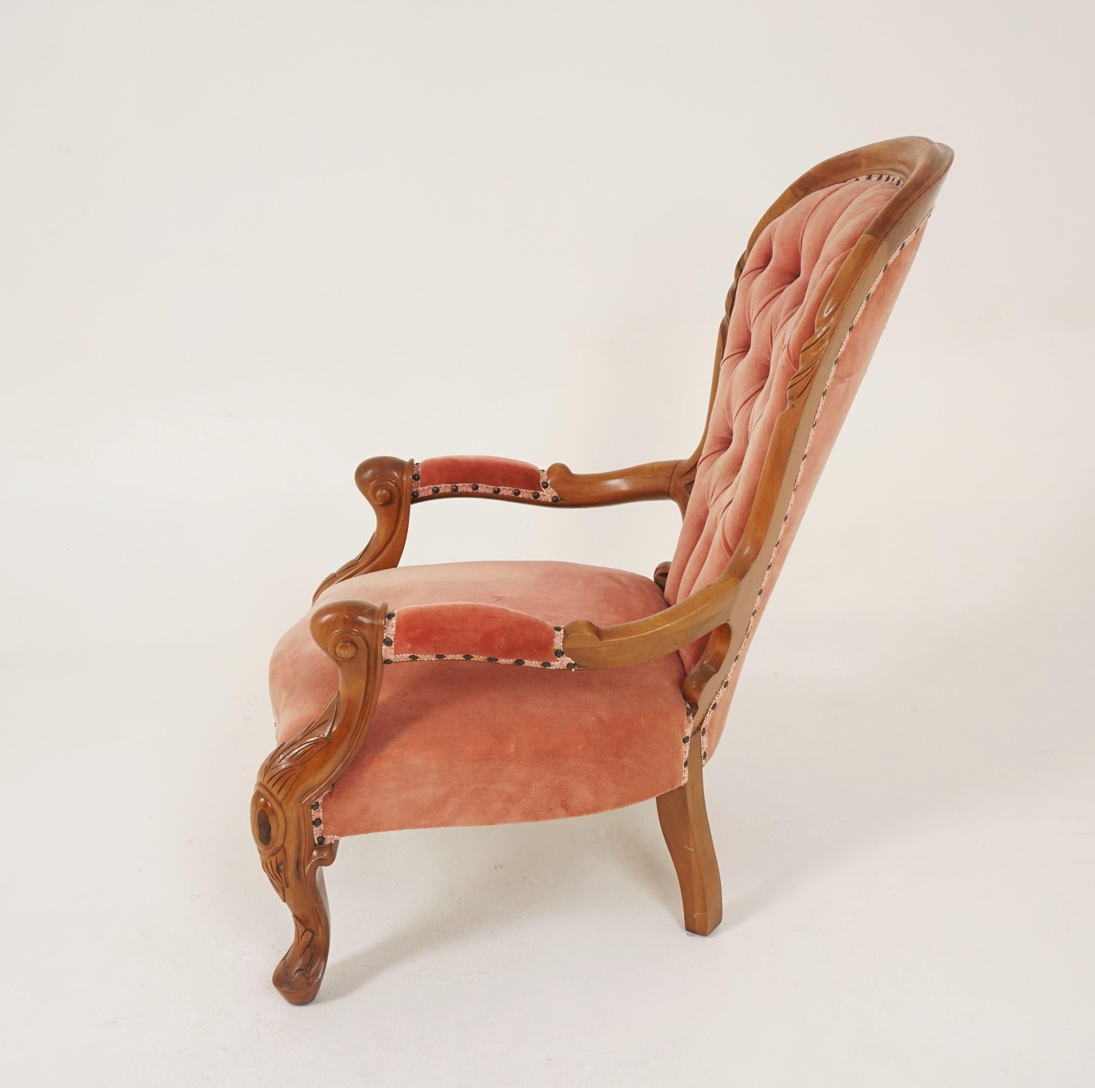 Antique Victorian Arm Chair, Carved Walnut, Button Back, Scotland 1870, B2504 1