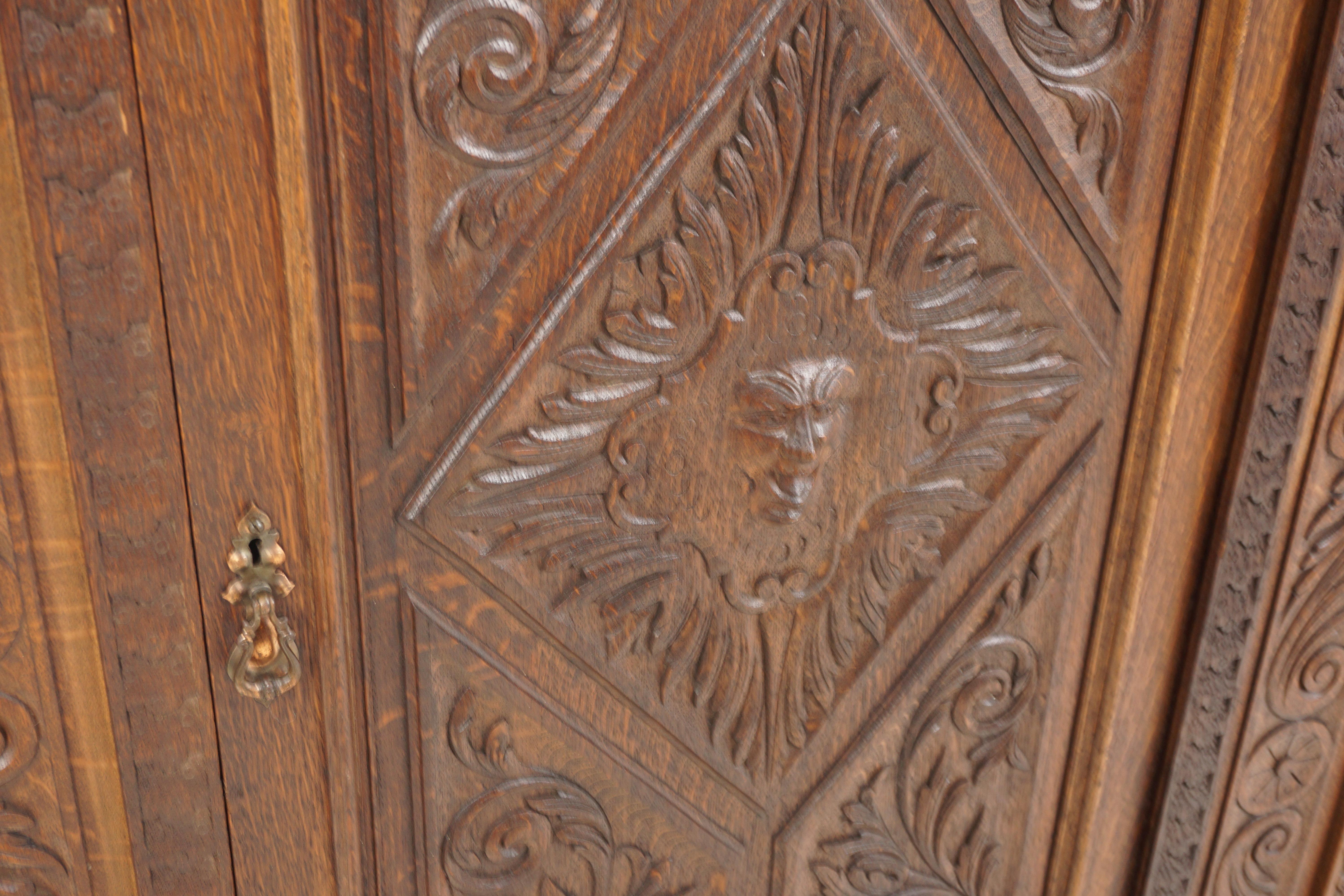 Hand-Crafted Antique Victorian Armoire, Carved Oak, Hall Wardrobe, Scotland 1870, B2637