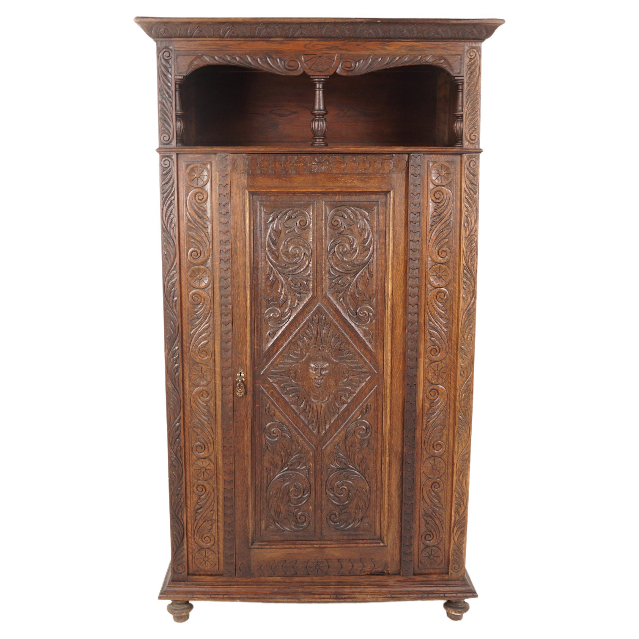 Antique Victorian Armoire, Carved Oak, Hall Wardrobe, Scotland 1870, B2637