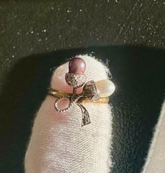 Antique Victorian Art Deco Pearl Diamond Acorn Flower Ring, 18K Gold Silver