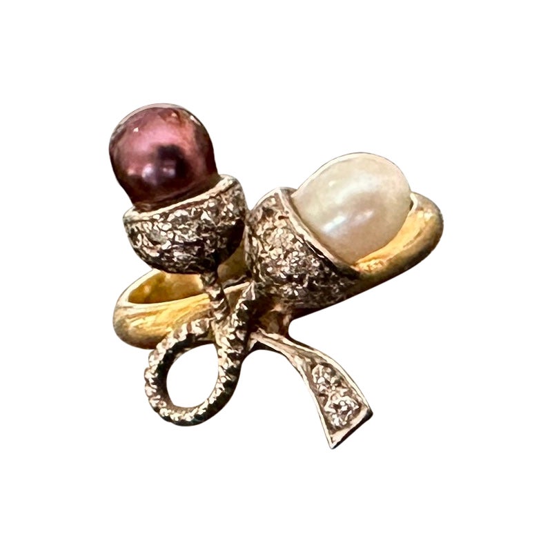 Antique Victorian Art Deco Pearl Diamond Acorn Flower Ring, 18K Gold Silver en vente