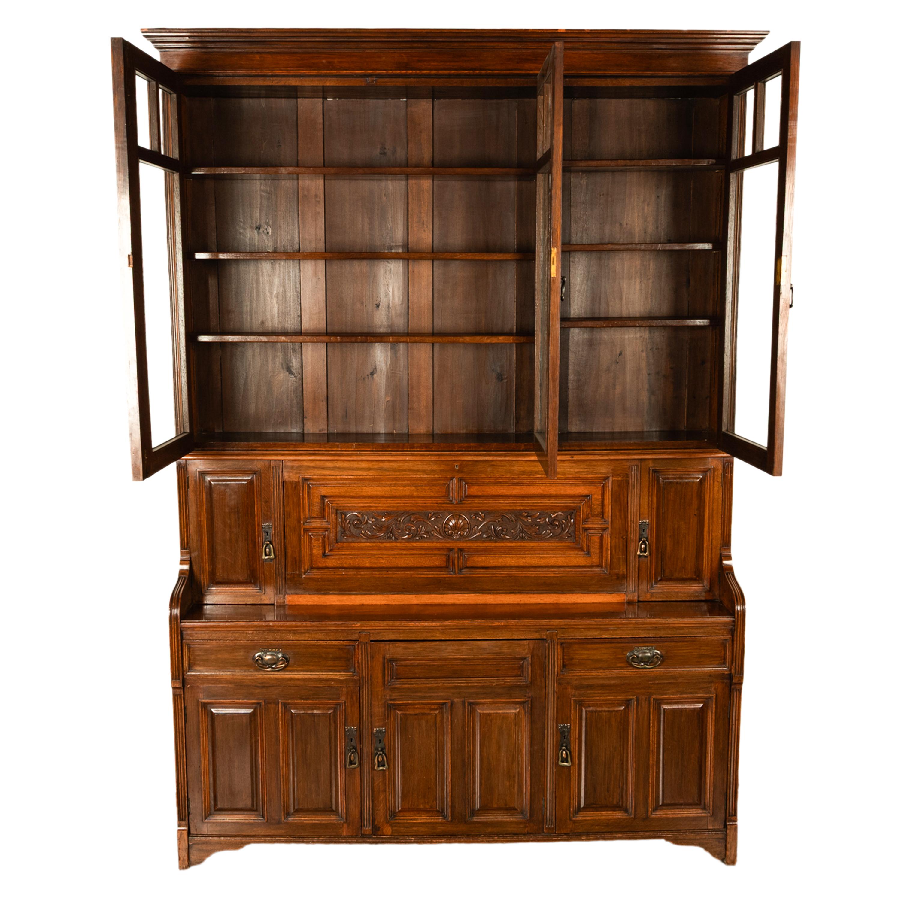 Ancienne bibliothèque secrétaire en chêne sculpté Art Nouveau victorien, 1890 en vente 2
