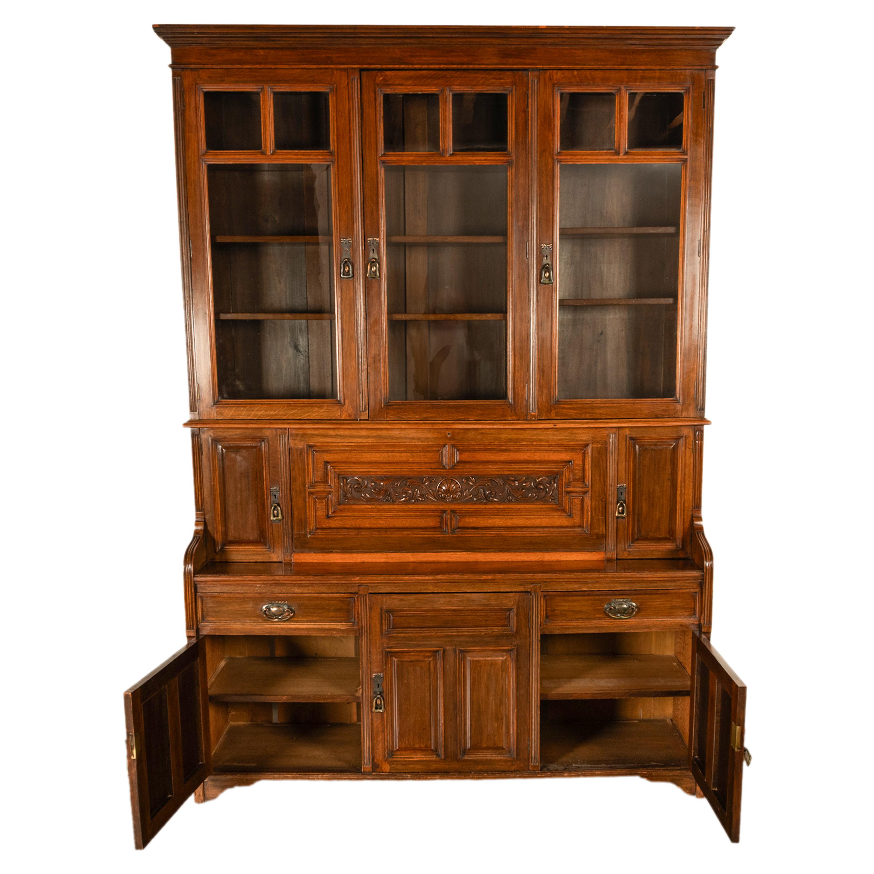 Ancienne bibliothèque secrétaire en chêne sculpté Art Nouveau victorien, 1890 en vente 3