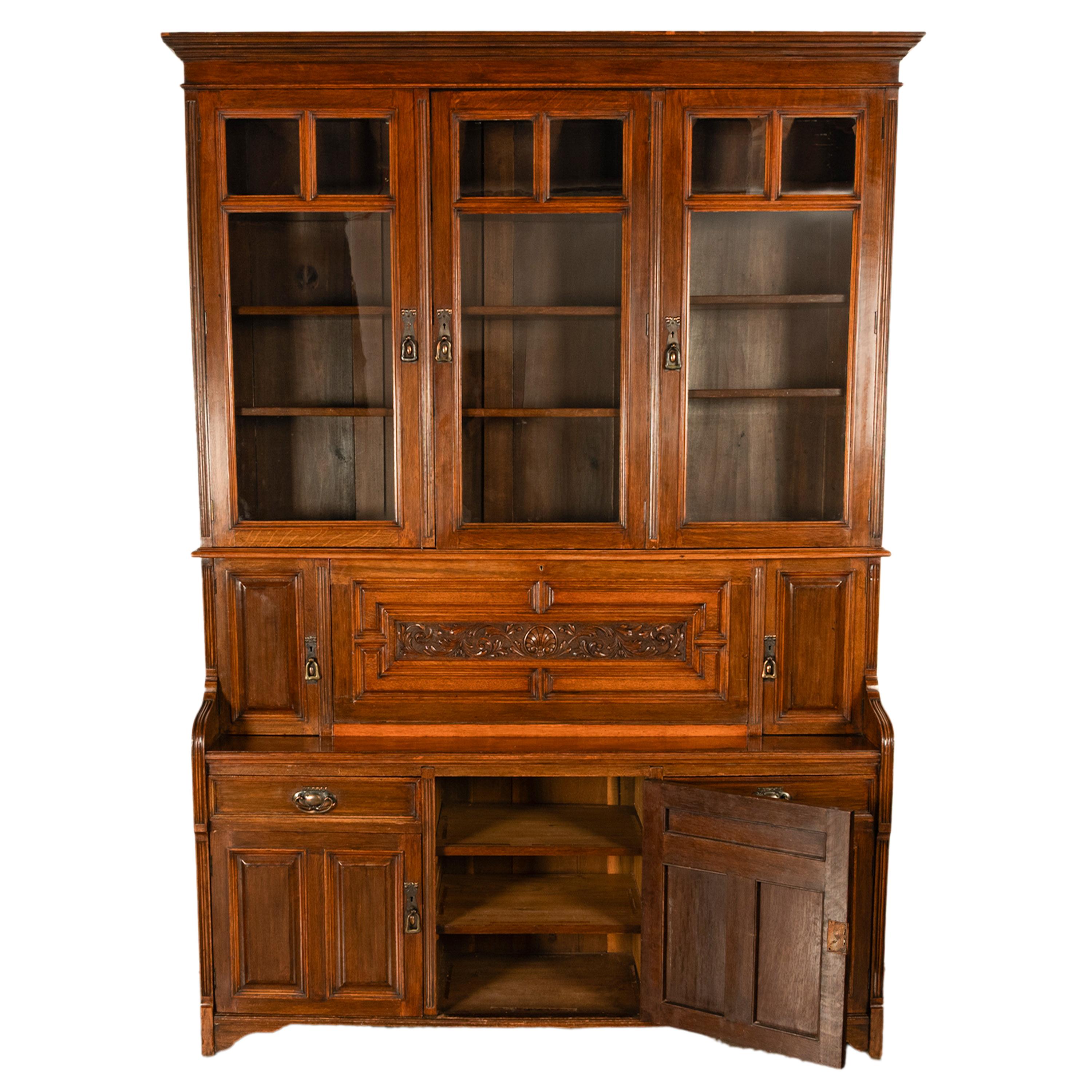Ancienne bibliothèque secrétaire en chêne sculpté Art Nouveau victorien, 1890 en vente 4