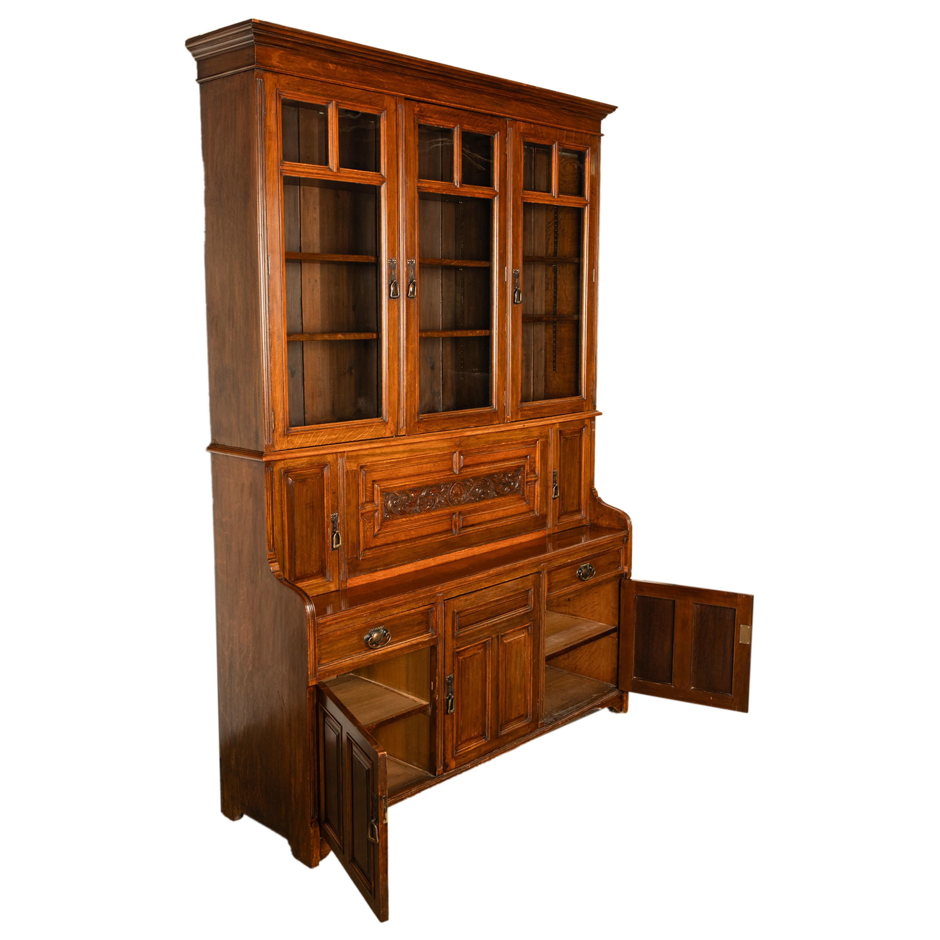 Ancienne bibliothèque secrétaire en chêne sculpté Art Nouveau victorien, 1890 en vente 6