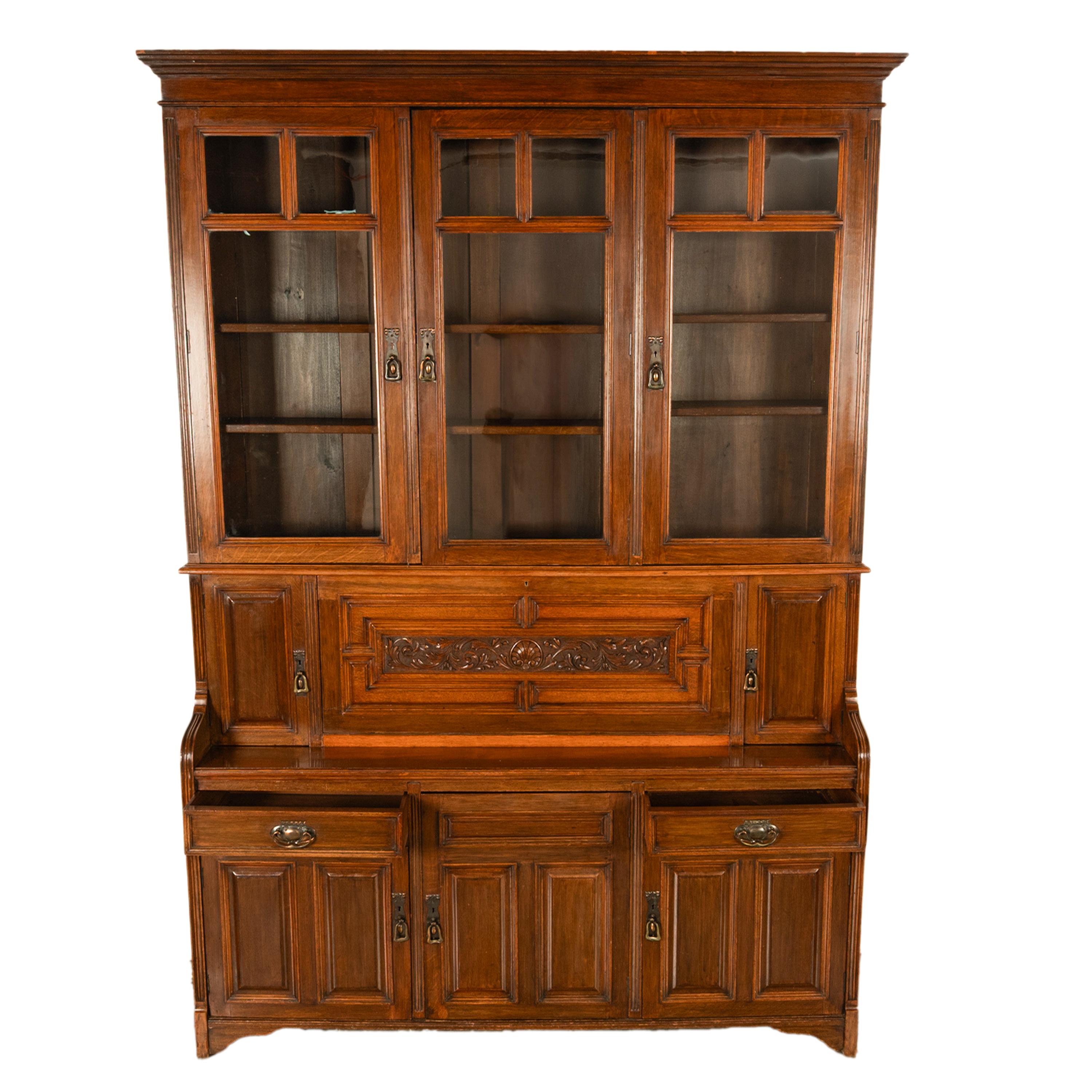 Ancienne bibliothèque secrétaire en chêne sculpté Art Nouveau victorien, 1890 en vente 8