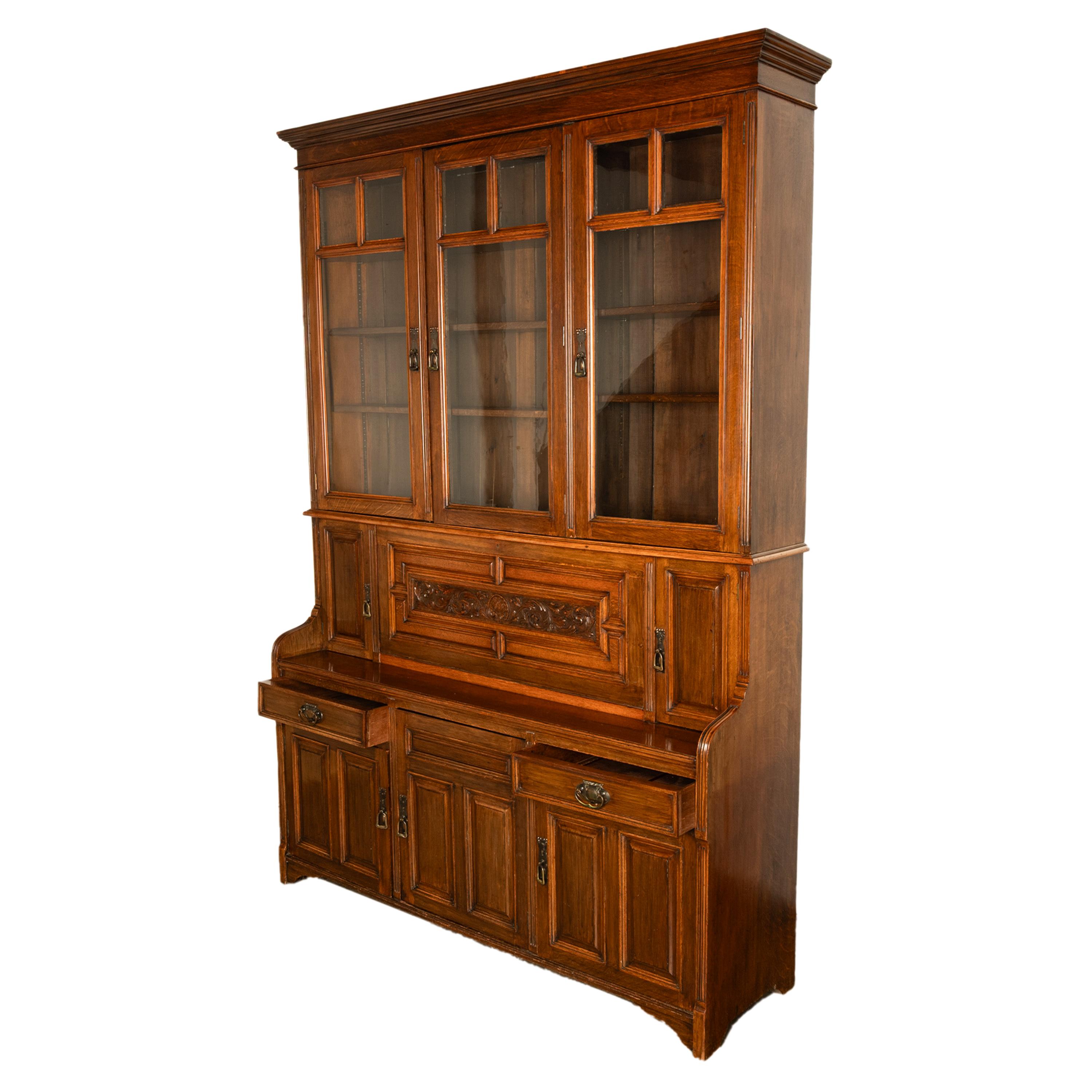 Ancienne bibliothèque secrétaire en chêne sculpté Art Nouveau victorien, 1890 en vente 9