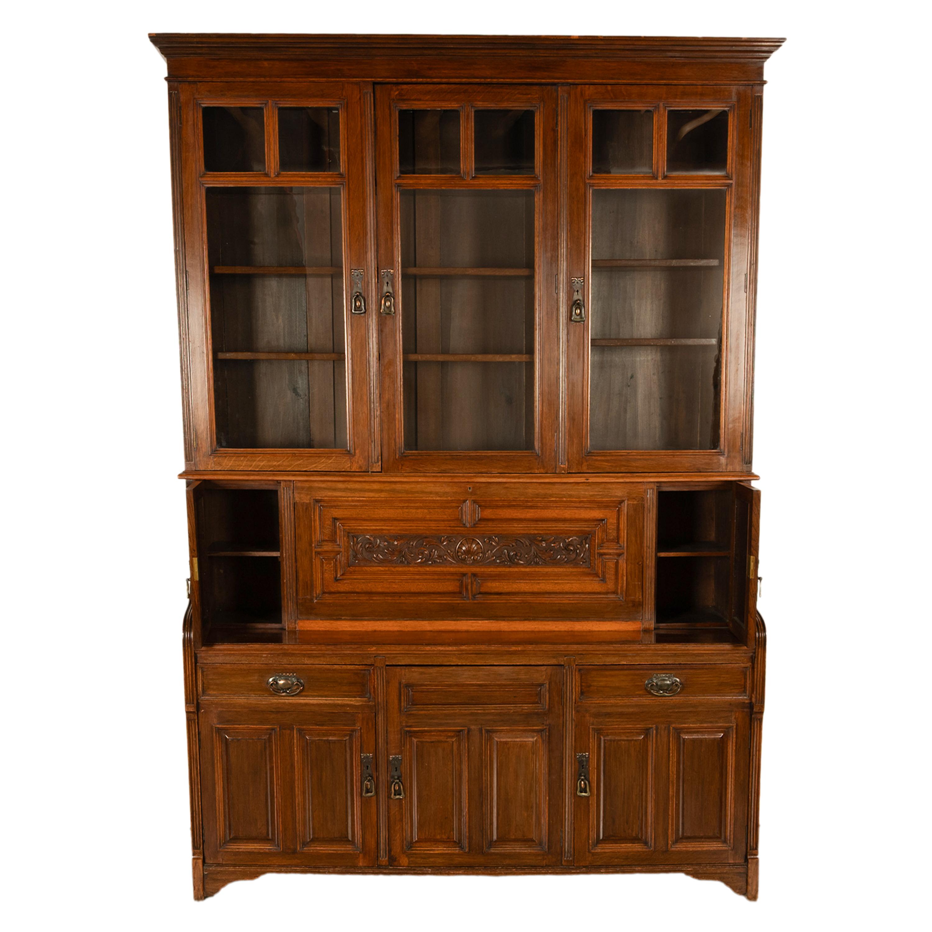 Ancienne bibliothèque secrétaire en chêne sculpté Art Nouveau victorien, 1890 en vente 1