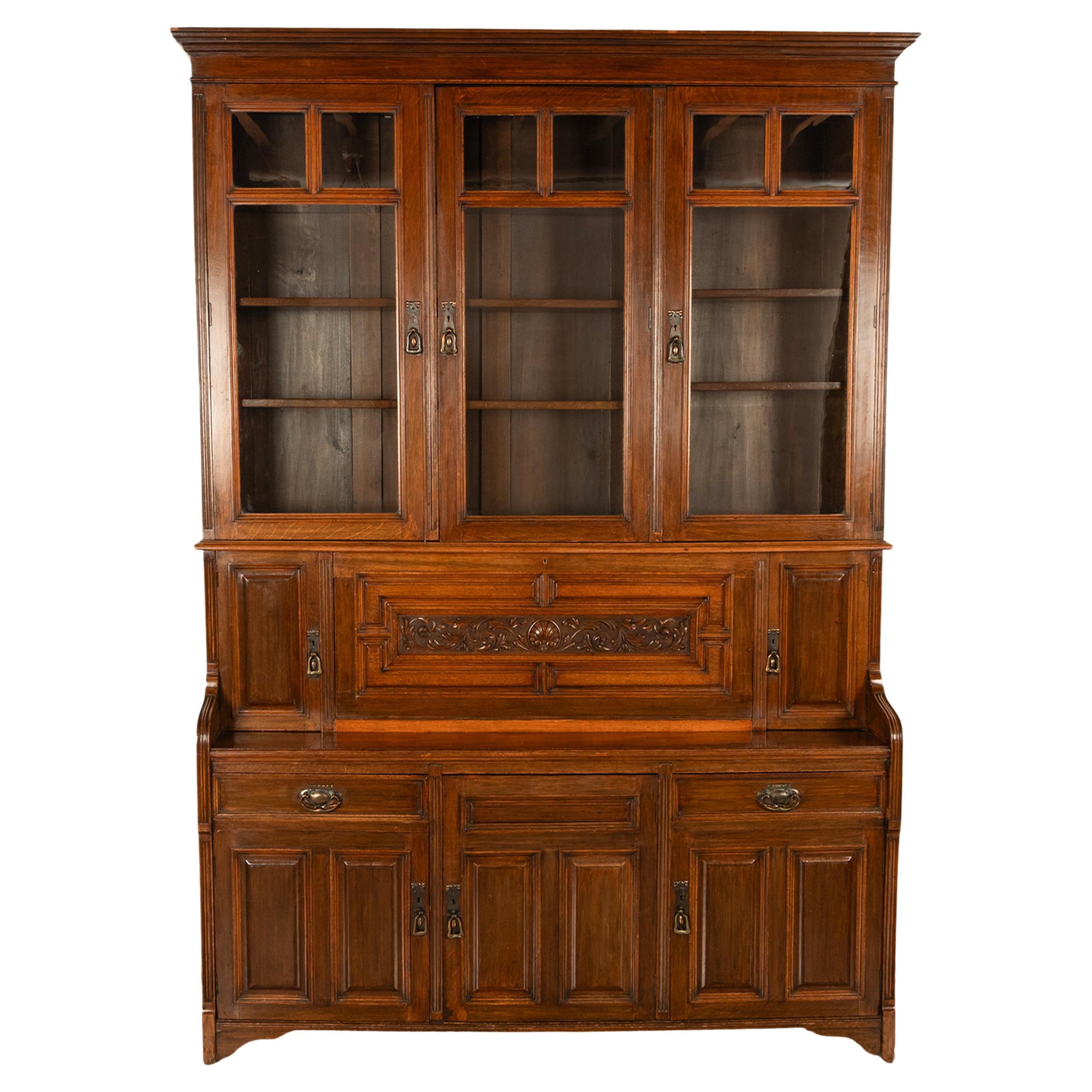 Antigua biblioteca secretaria victoriana Art Nouveau de roble tallado Bibliotheque 1890
