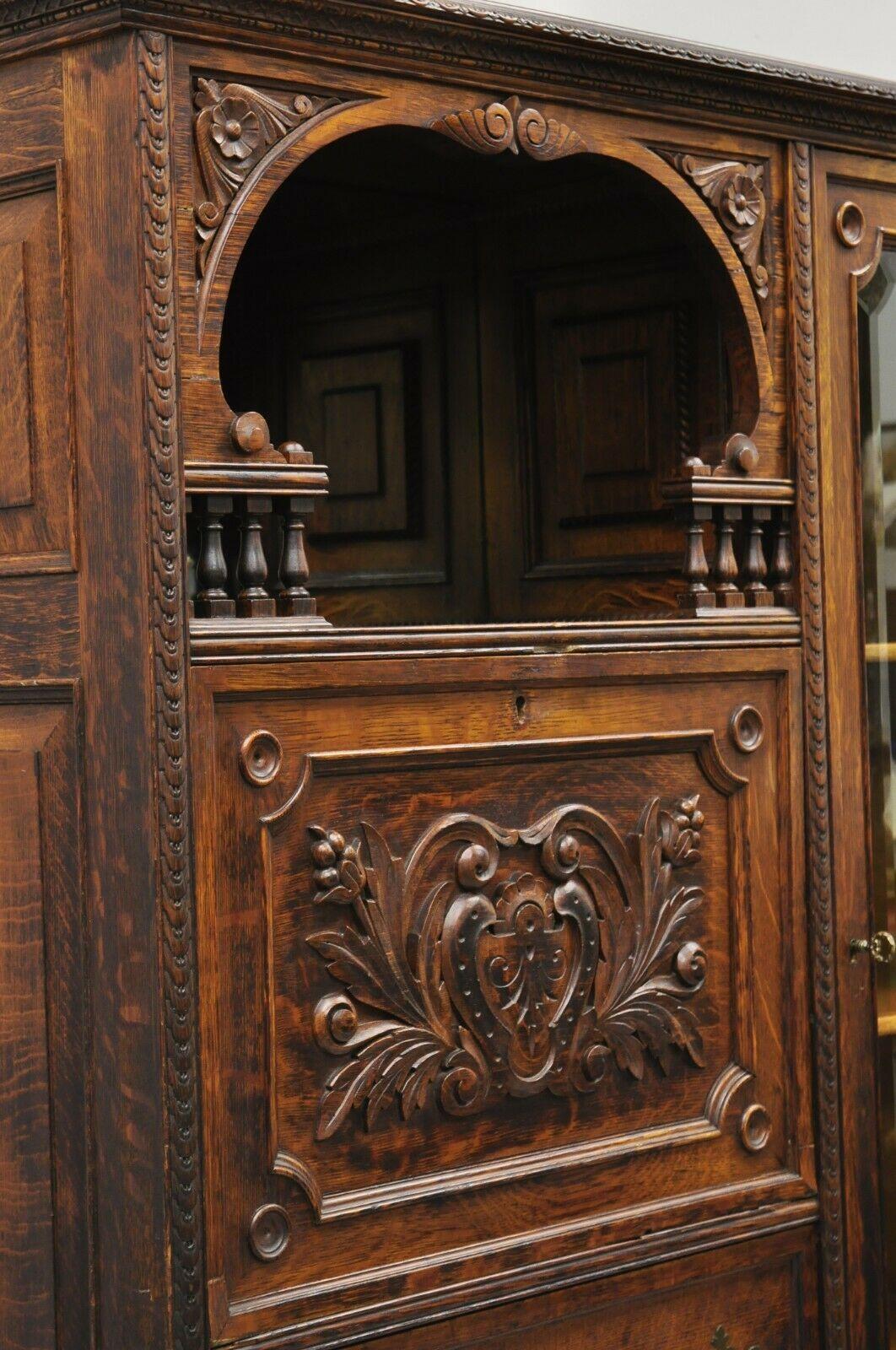 Antique Victorian Art Nouveau Carved Oak Wood Secretary Desk Bookcase 4