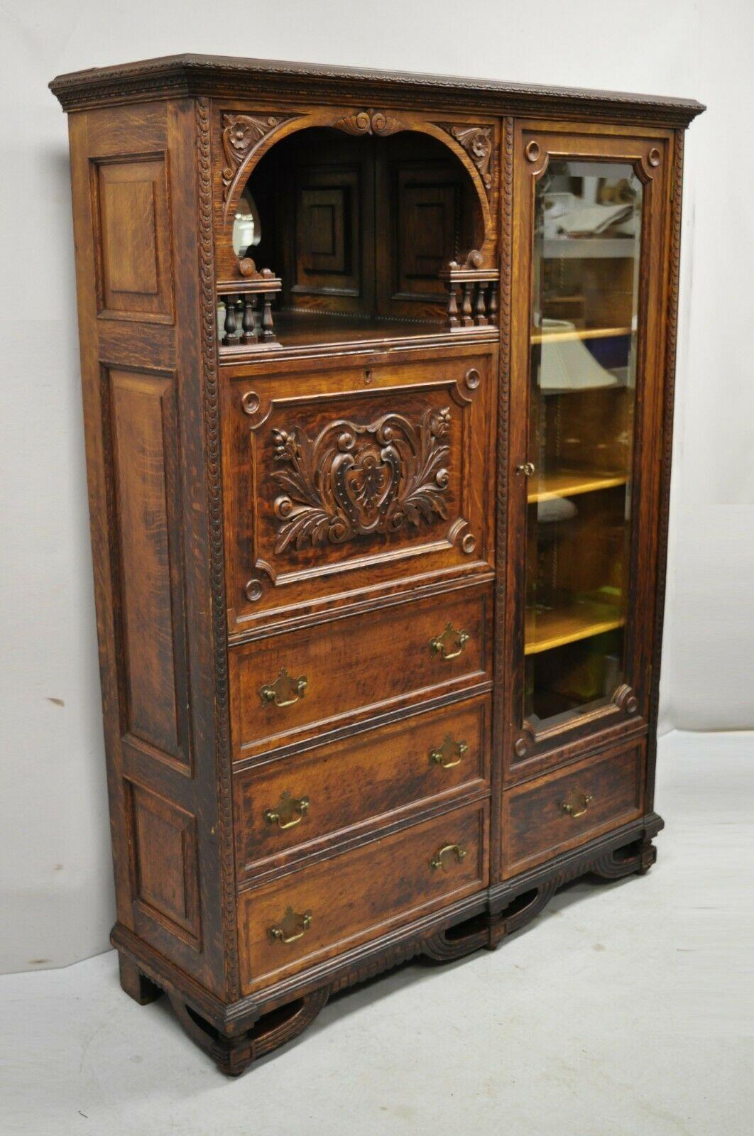 Antique Victorian Art Nouveau Carved Oak Wood Secretary Desk Bookcase 5