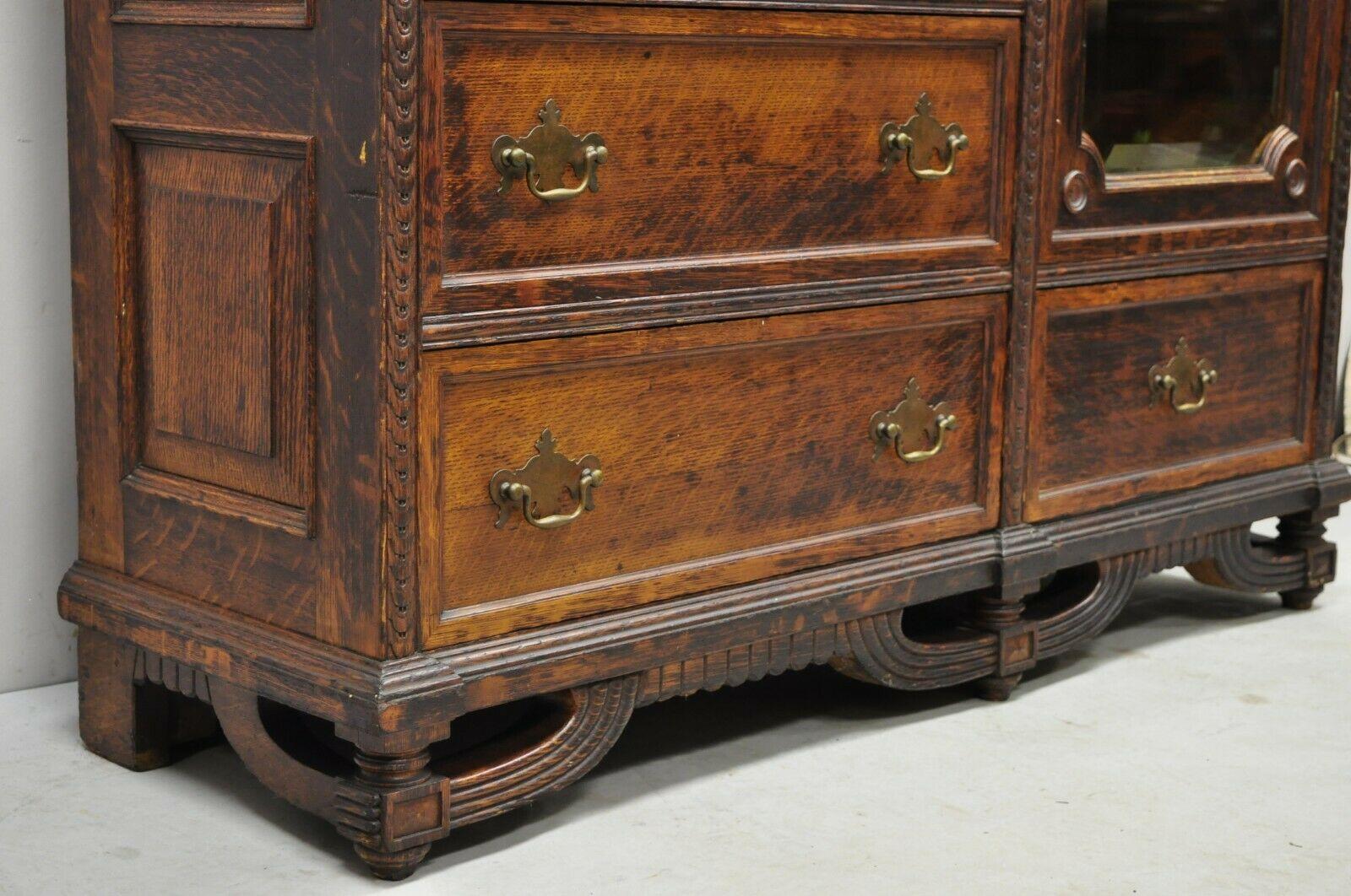 European Antique Victorian Art Nouveau Carved Oak Wood Secretary Desk Bookcase