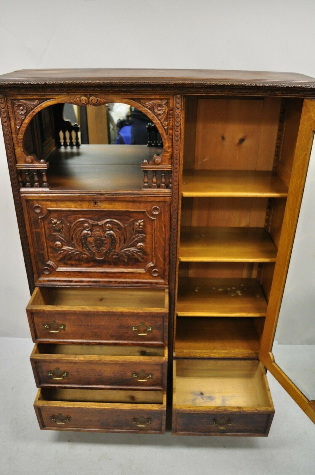 Antique Victorian Art Nouveau Carved Oak Wood Secretary Desk Bookcase In Good Condition In Philadelphia, PA
