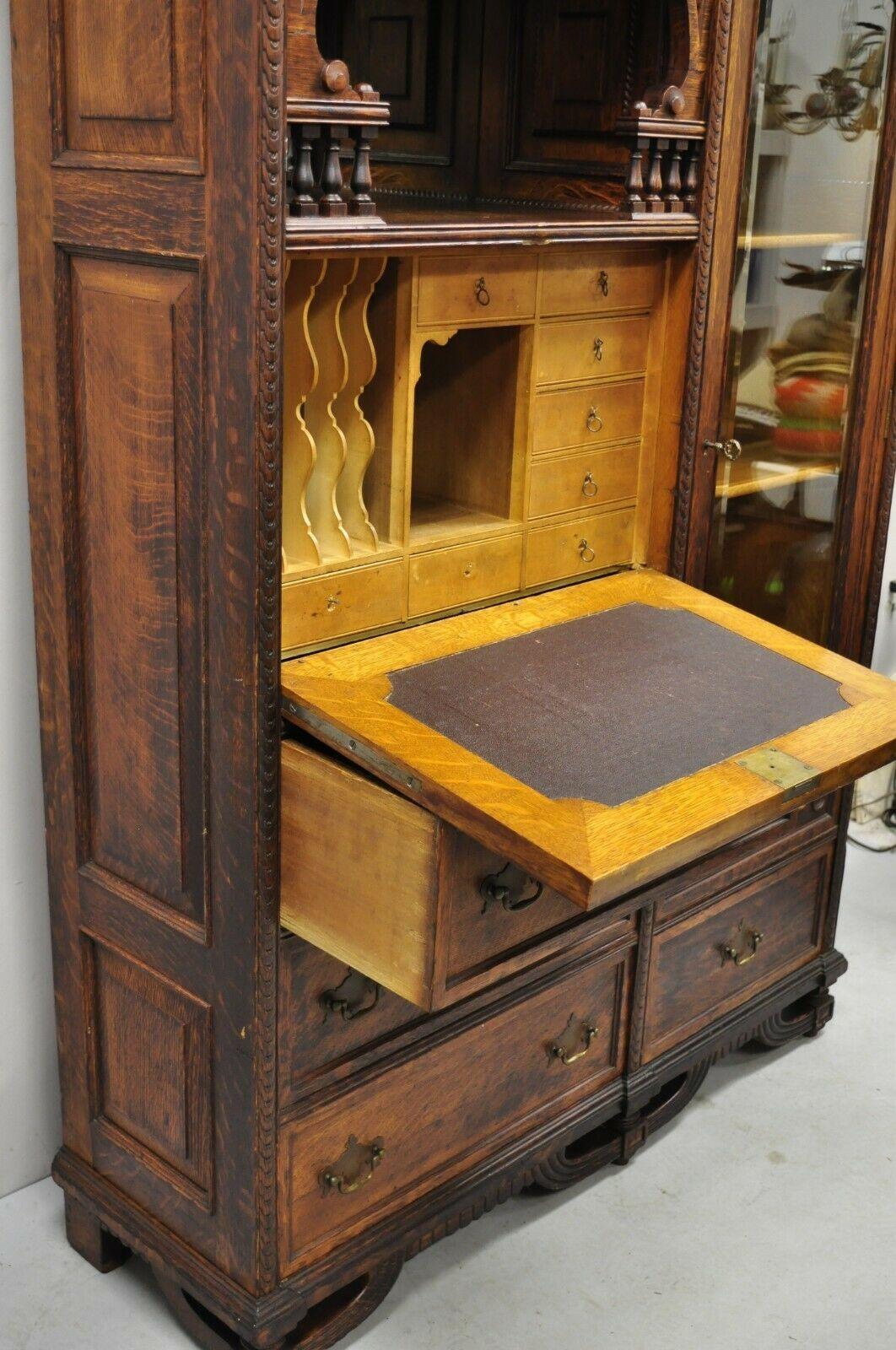 Glass Antique Victorian Art Nouveau Carved Oak Wood Secretary Desk Bookcase