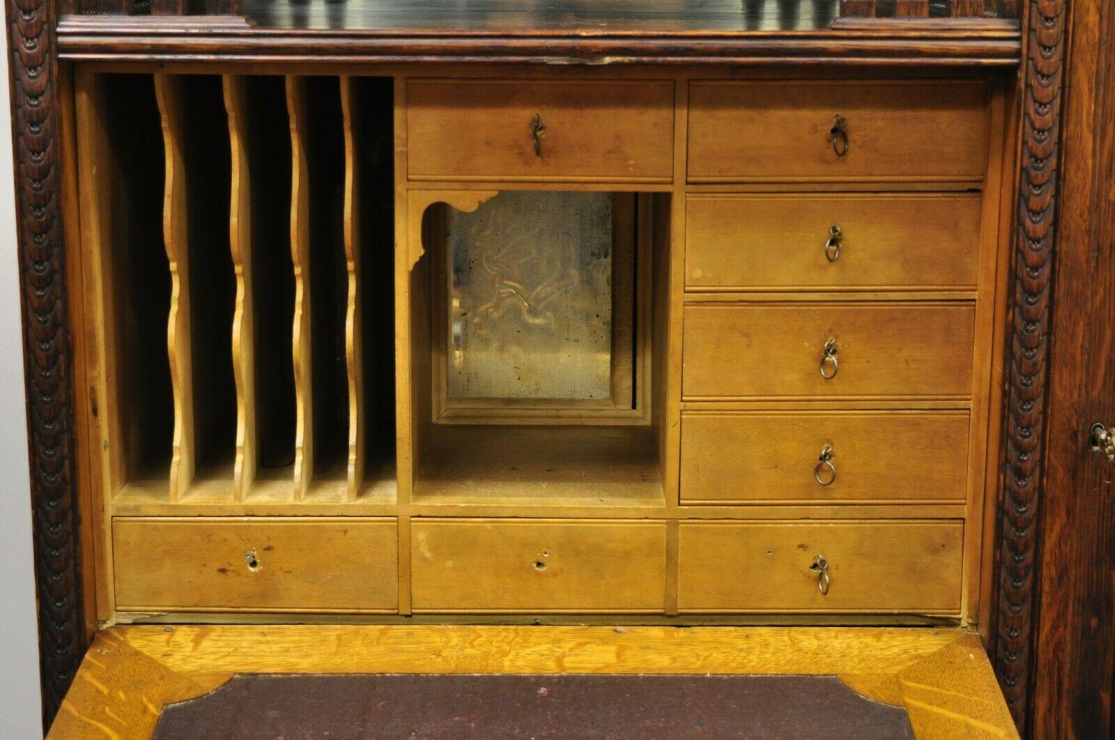 Antique Victorian Art Nouveau Carved Oak Wood Secretary Desk Bookcase 1