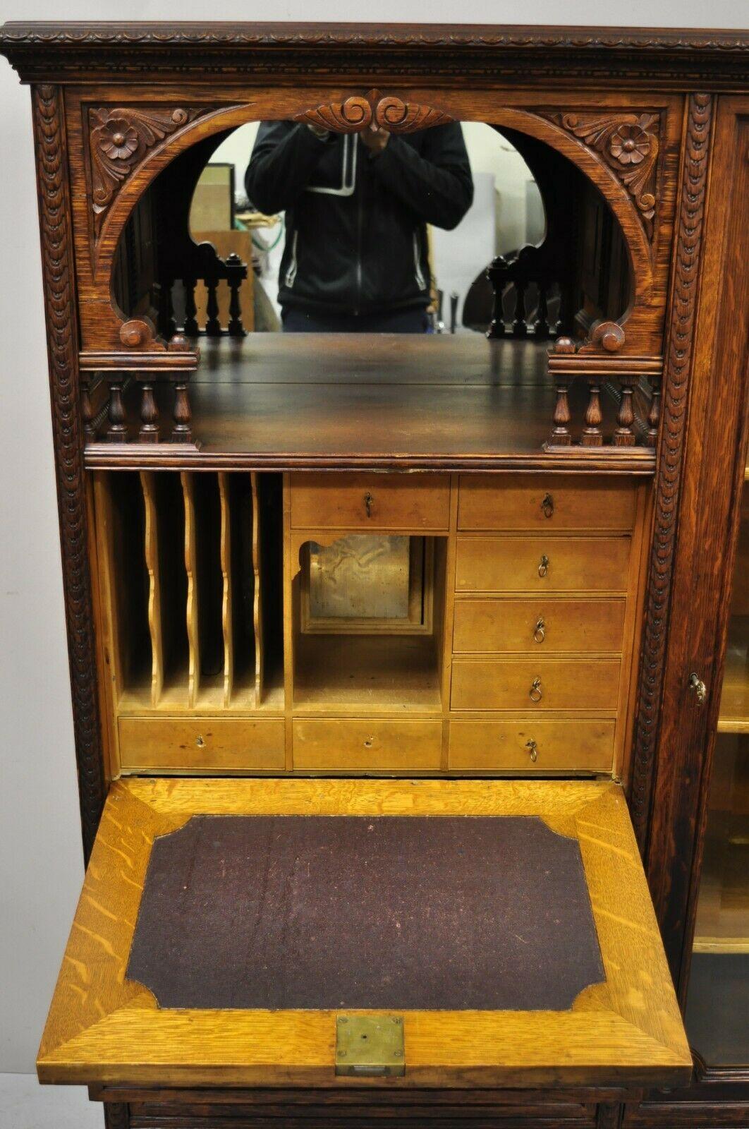Antique Victorian Art Nouveau Carved Oak Wood Secretary Desk Bookcase 2