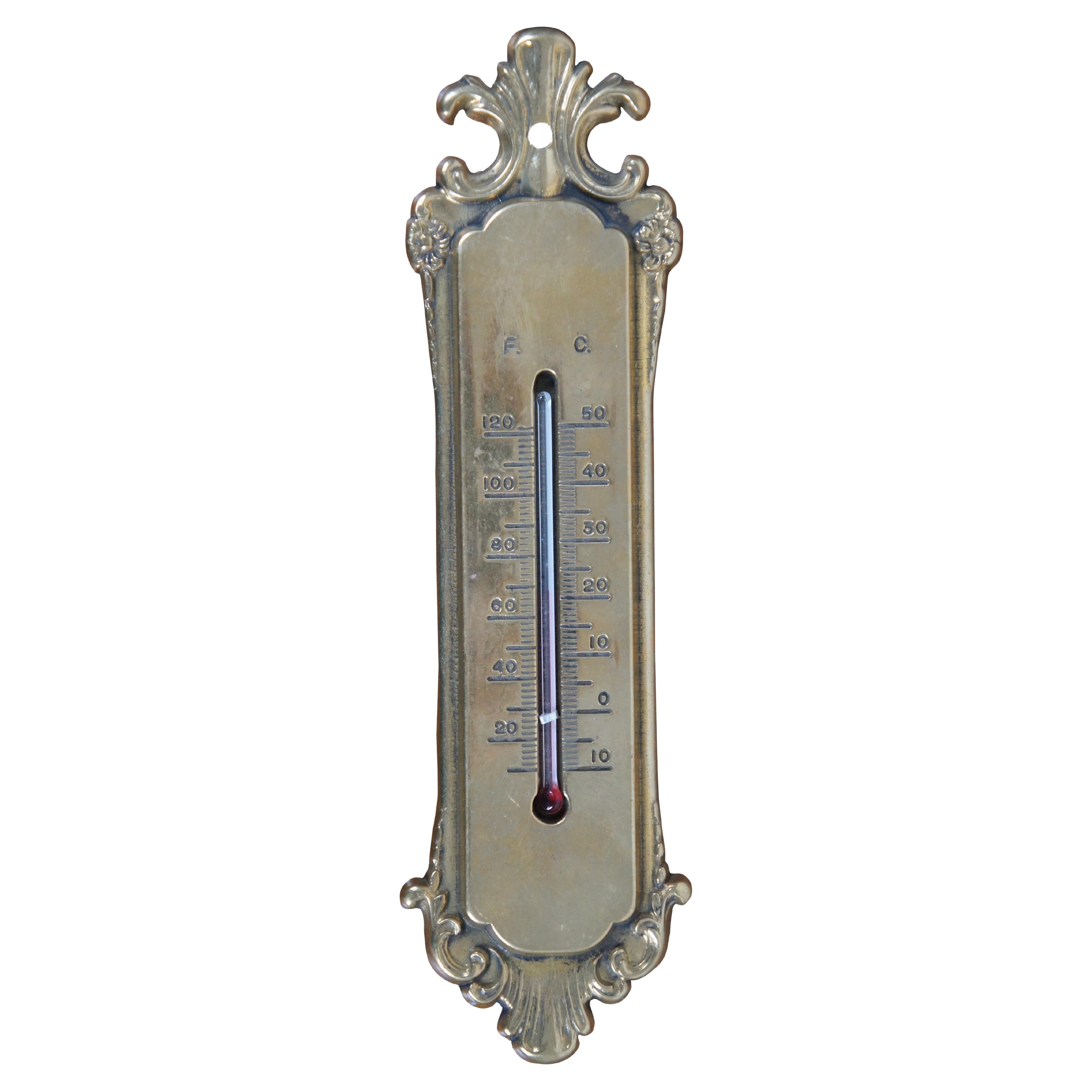 Antique Victorian Art Nouveau Cast Brass Wall Hanging Alcohol Thermometer 8.5"