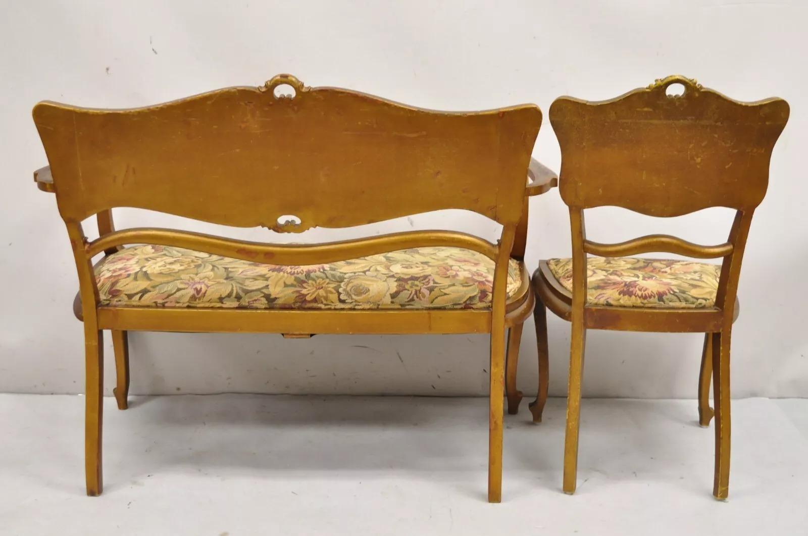 Antico Vittoriano Art Nouveau in legno dorato e dipinto a mano, divano 2 pezzi per salotto in vendita 4