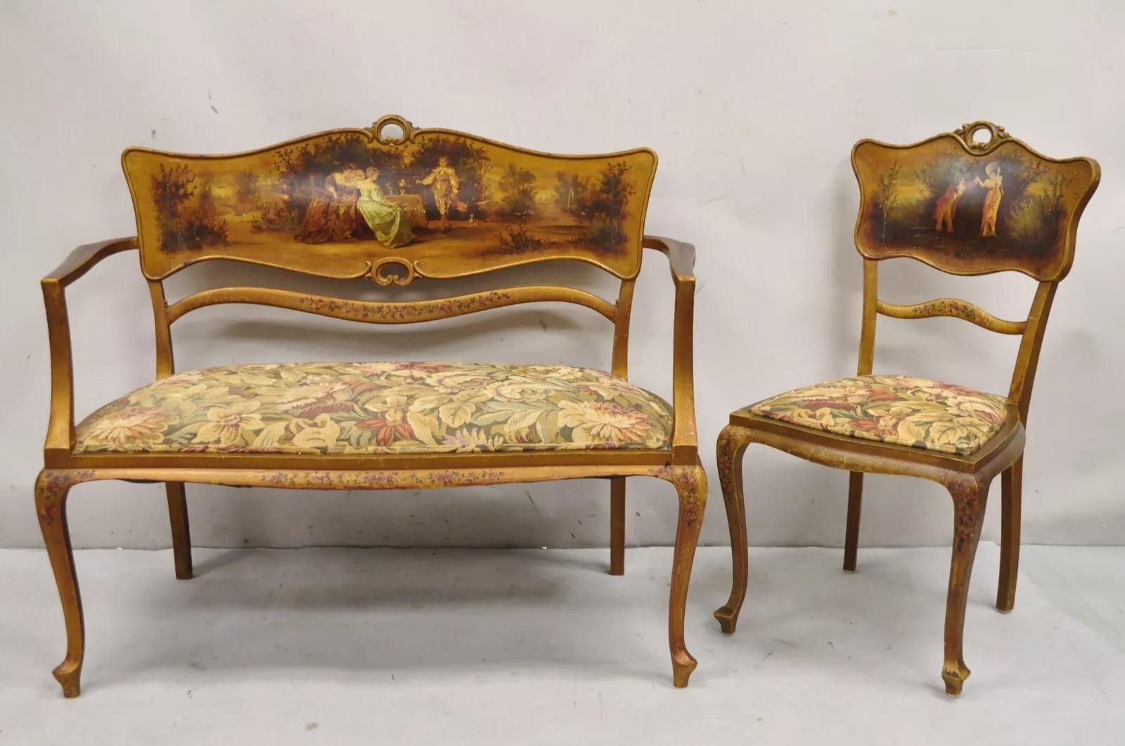 Antico set da salotto vittoriano Art Nouveau di transizione in legno dorato dipinto a mano 