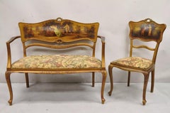 Antique Victorian Art Nouveau Gold Giltwood Hand Painted Settee 2 Pc Parlor Set
