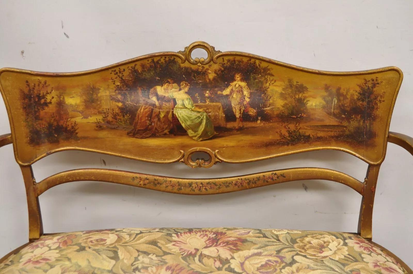 Sconosciuto Antico Vittoriano Art Nouveau in legno dorato e dipinto a mano, divano 2 pezzi per salotto in vendita