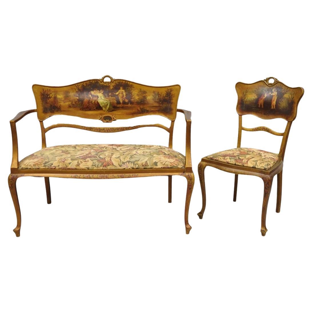 Antique Victorian Art Nouveau Gold Giltwood Hand Painted Settee 2 Pc Parlor Set