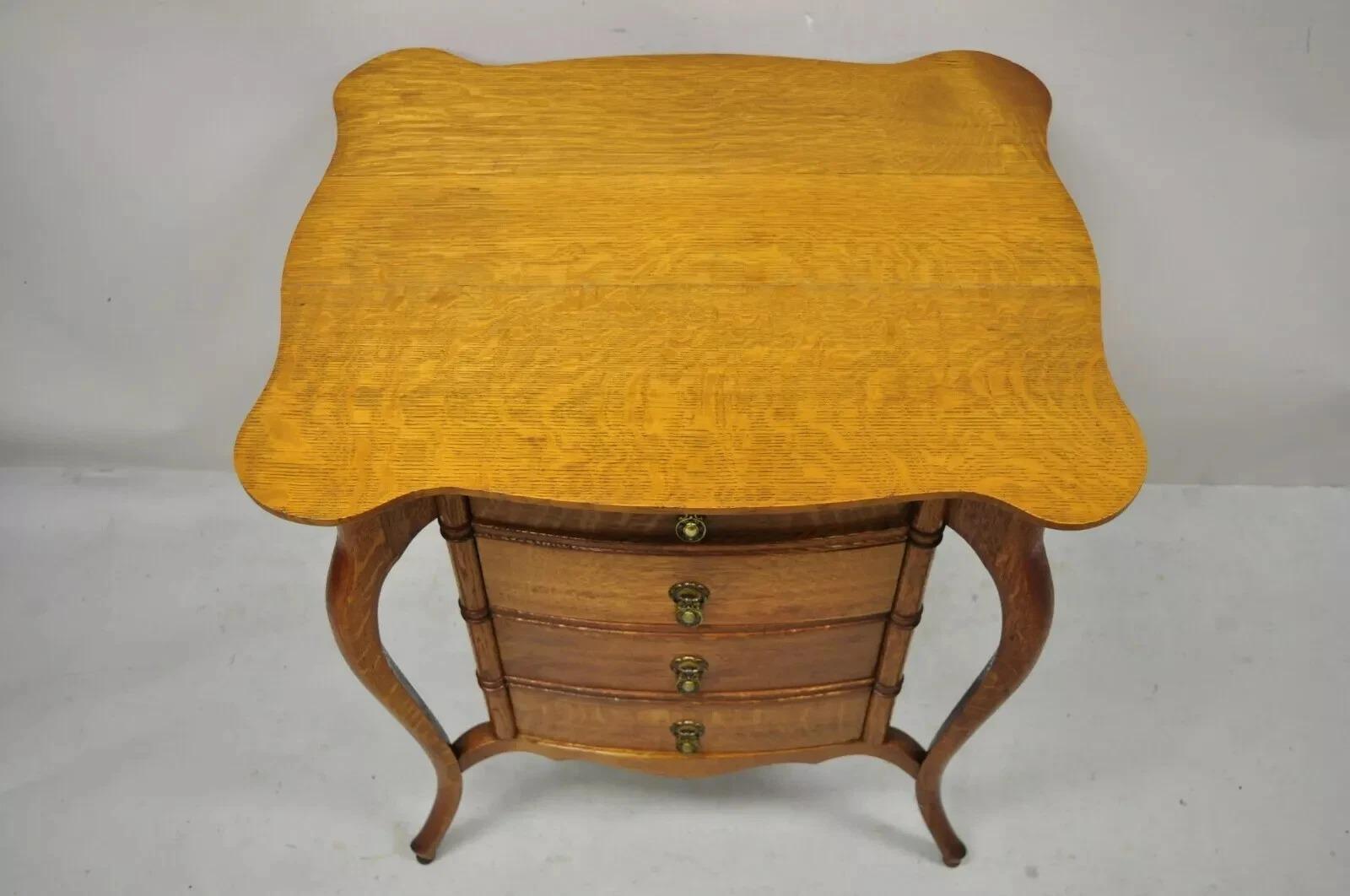 Unknown Antique Victorian Art Nouveau Golden Oak 4 Drawer Sewing Work Stand Side Table For Sale