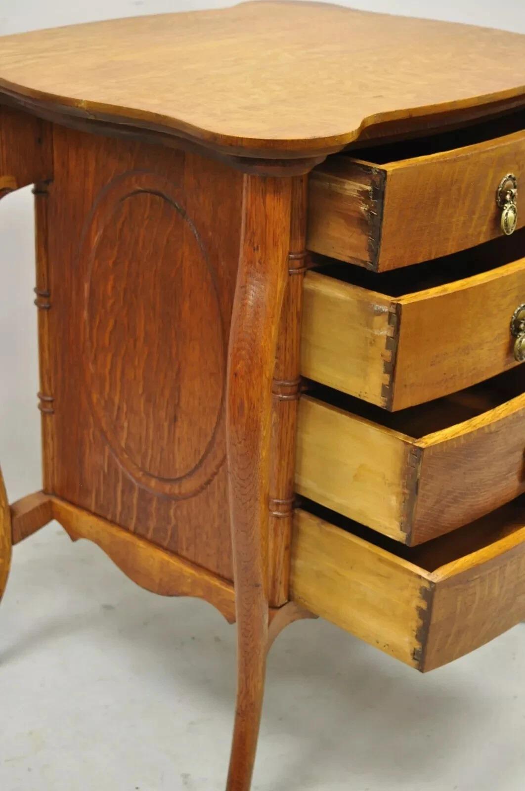 20th Century Antique Victorian Art Nouveau Golden Oak 4 Drawer Sewing Work Stand Side Table For Sale