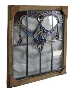 Antique Victorian Art Nouveau Leaded Stained Glass Floral Window Panel Framed