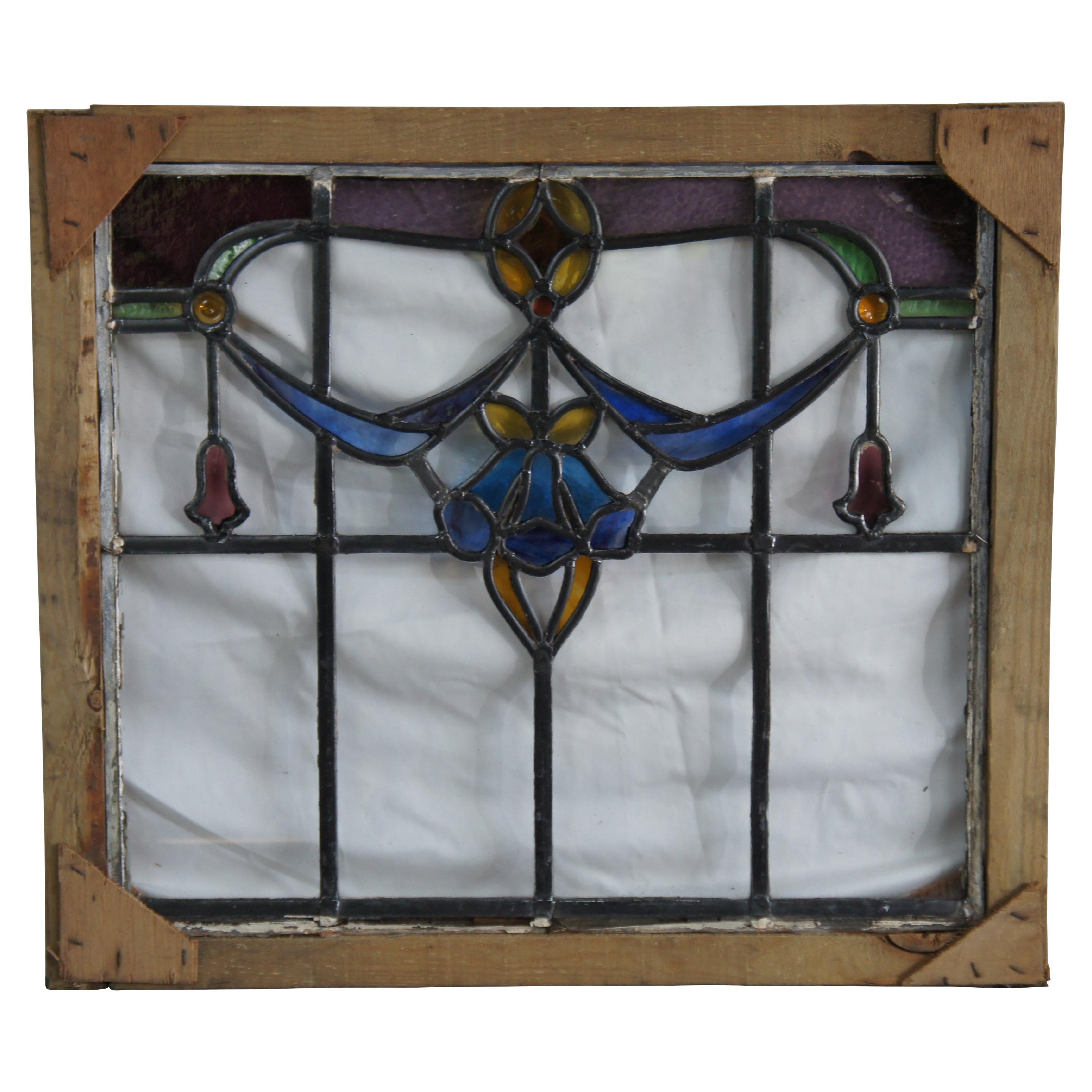 Antico pannello di finestra floreale in vetro colorato vittoriano Art Nouveau con cornice