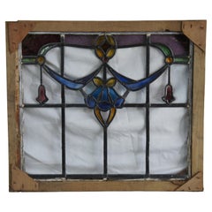 Antique Victorien Art Nouveau Plomb Vitrail Panneau de Fenêtre Floral Encadré