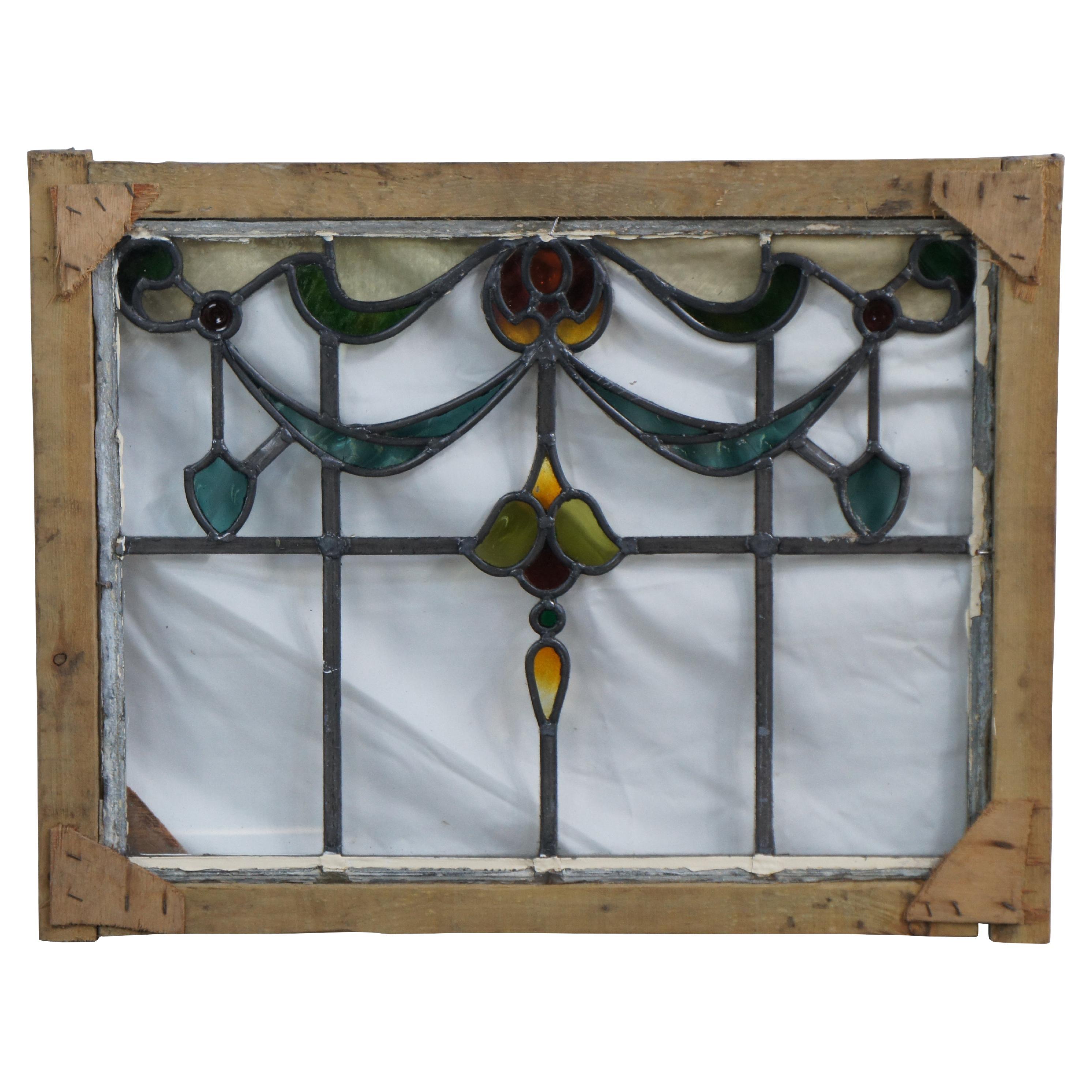 Antico pannello di finestra floreale in vetro colorato vittoriano Art Nouveau con cornice