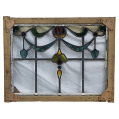 Antique Victorien Art Nouveau Plomb Vitrail Panneau de Fenêtre Floral Encadré