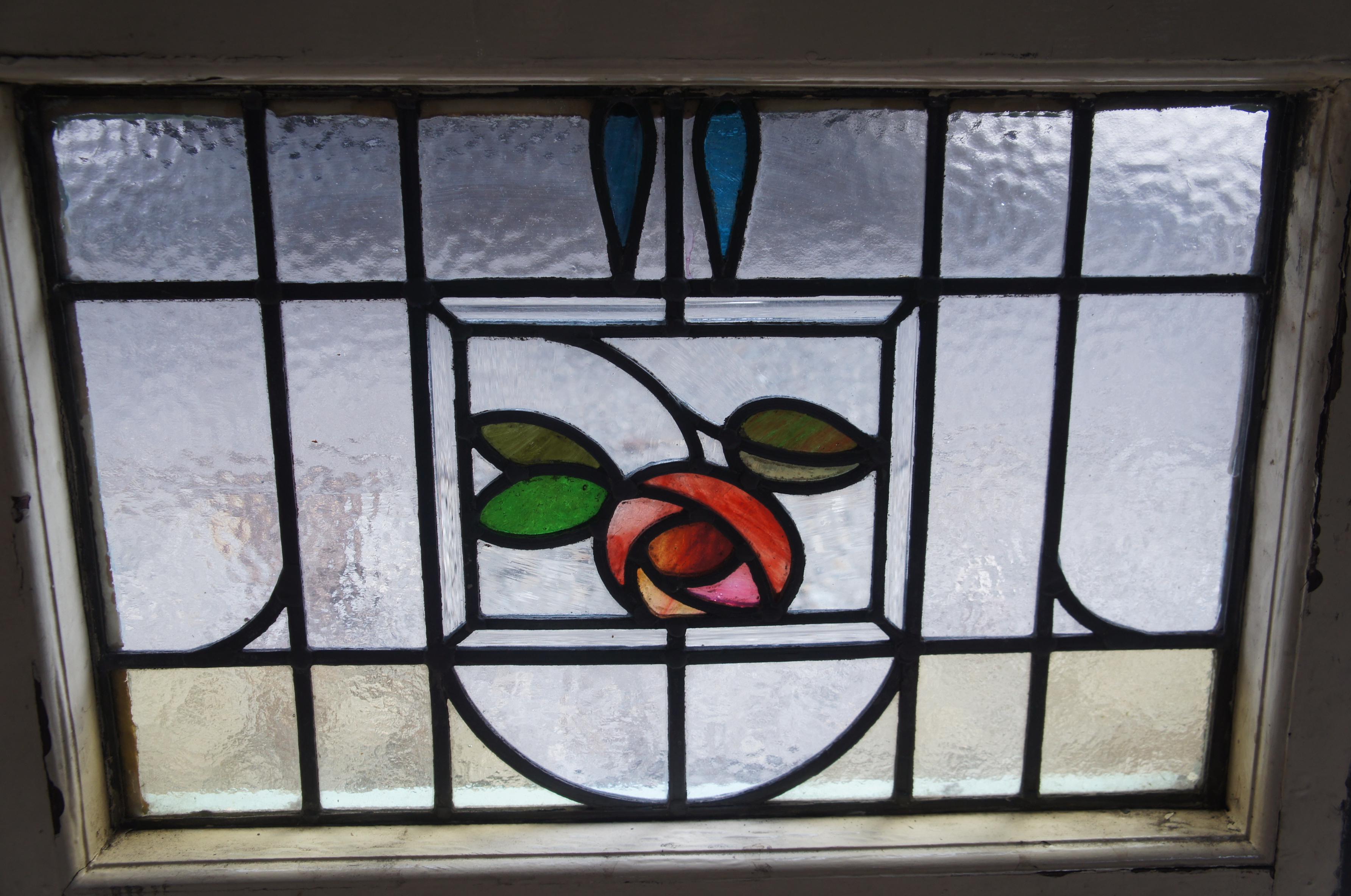Antique Victorian Art Nouveau Leaded Stained Glass Window Floral Hinged Door 50