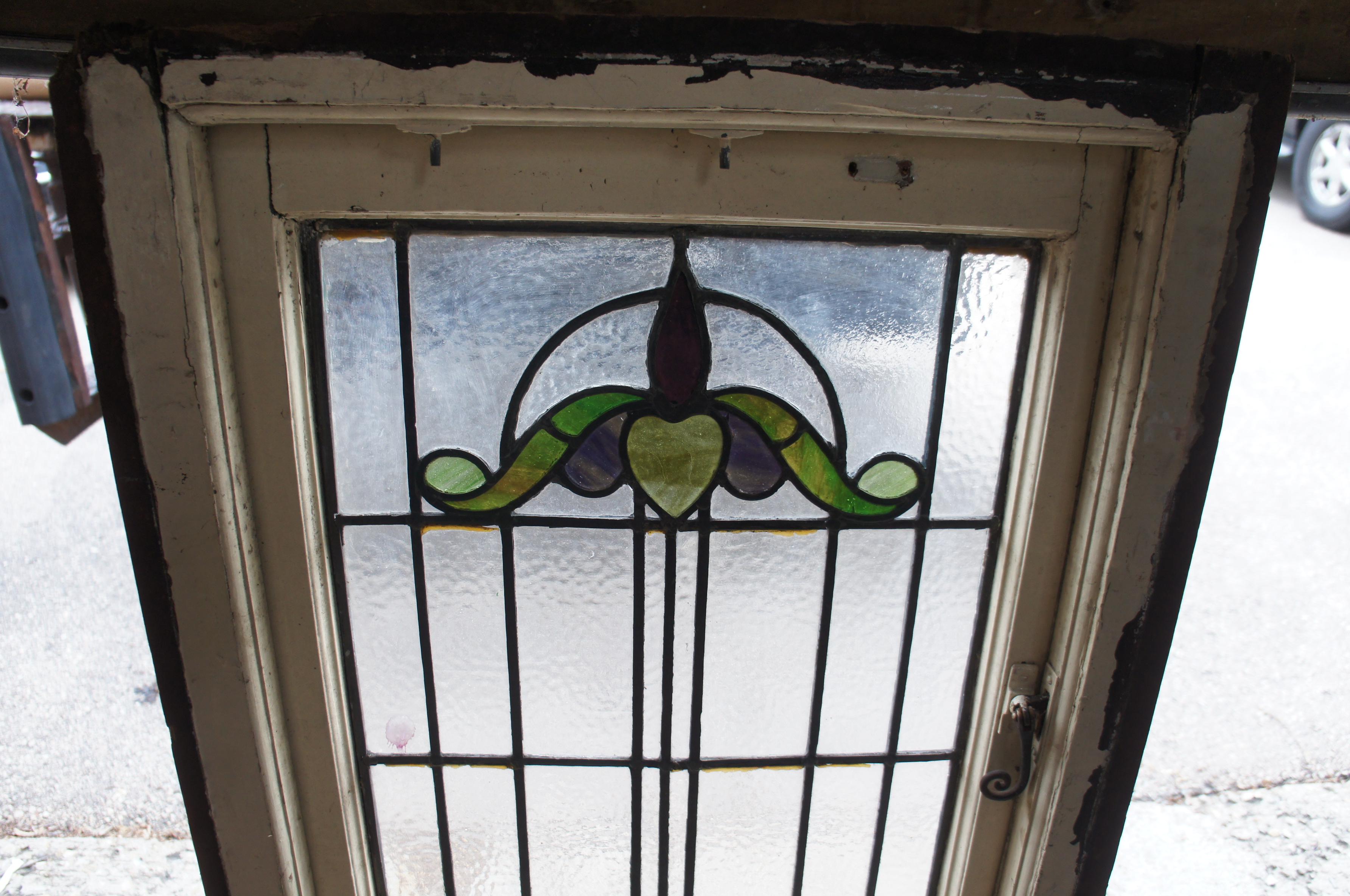 Antique Victorian Art Nouveau Leaded Stained Glass Window Floral Hinged Door 50