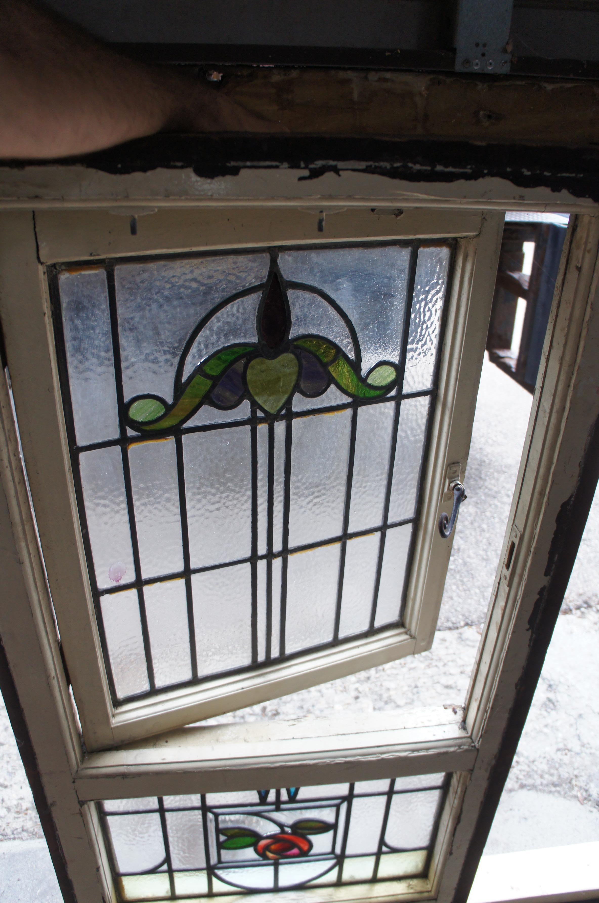 Antique Victorian Art Nouveau Leaded Stained Glass Window Floral Hinged Door 50