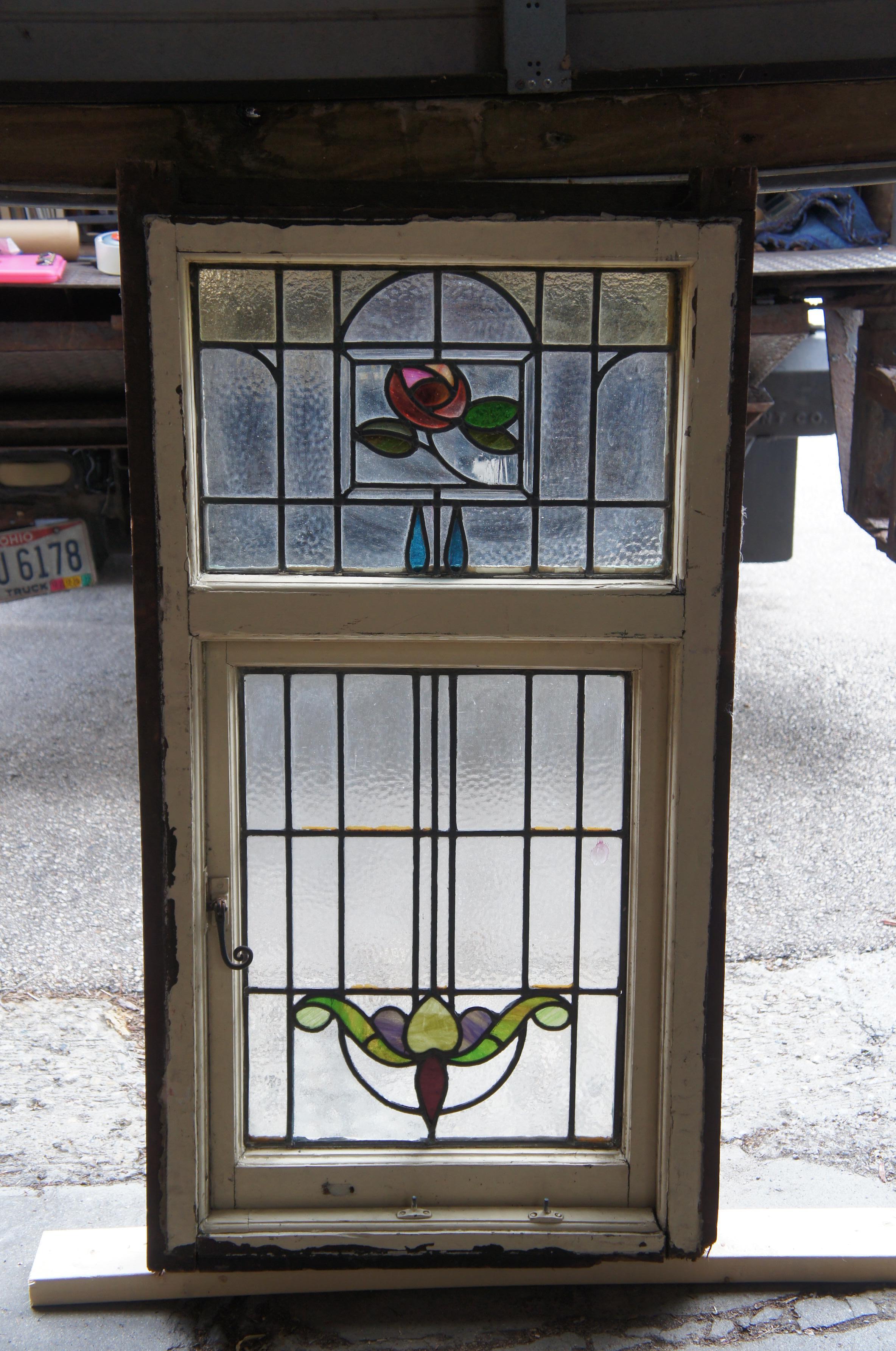 Antique Victorian Art Nouveau Leaded Stained Glass Window Floral Hinged Door 50