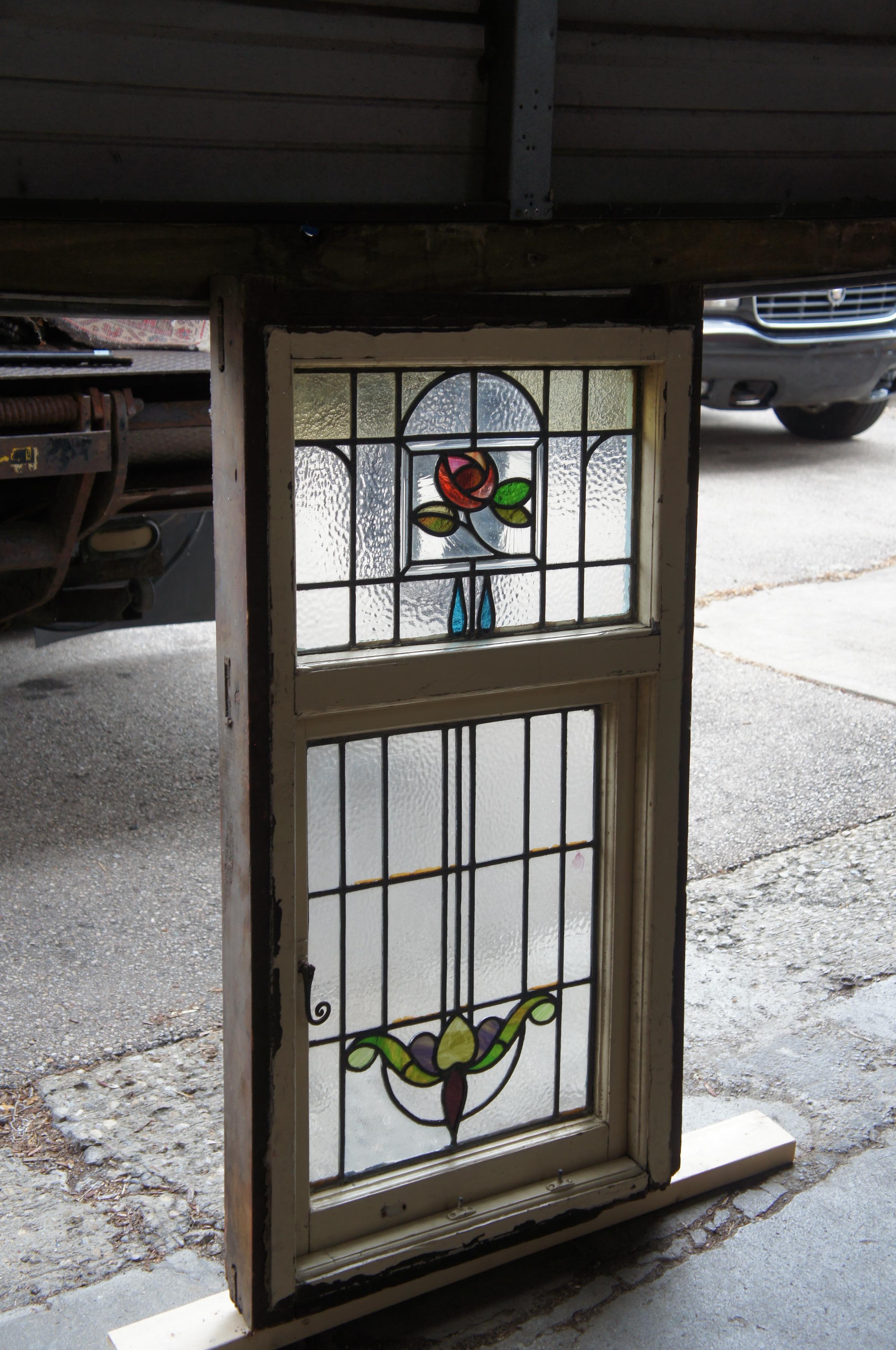 Antique Victorian Art Nouveau Leaded Stained Glass Window Floral Hinged Door 50