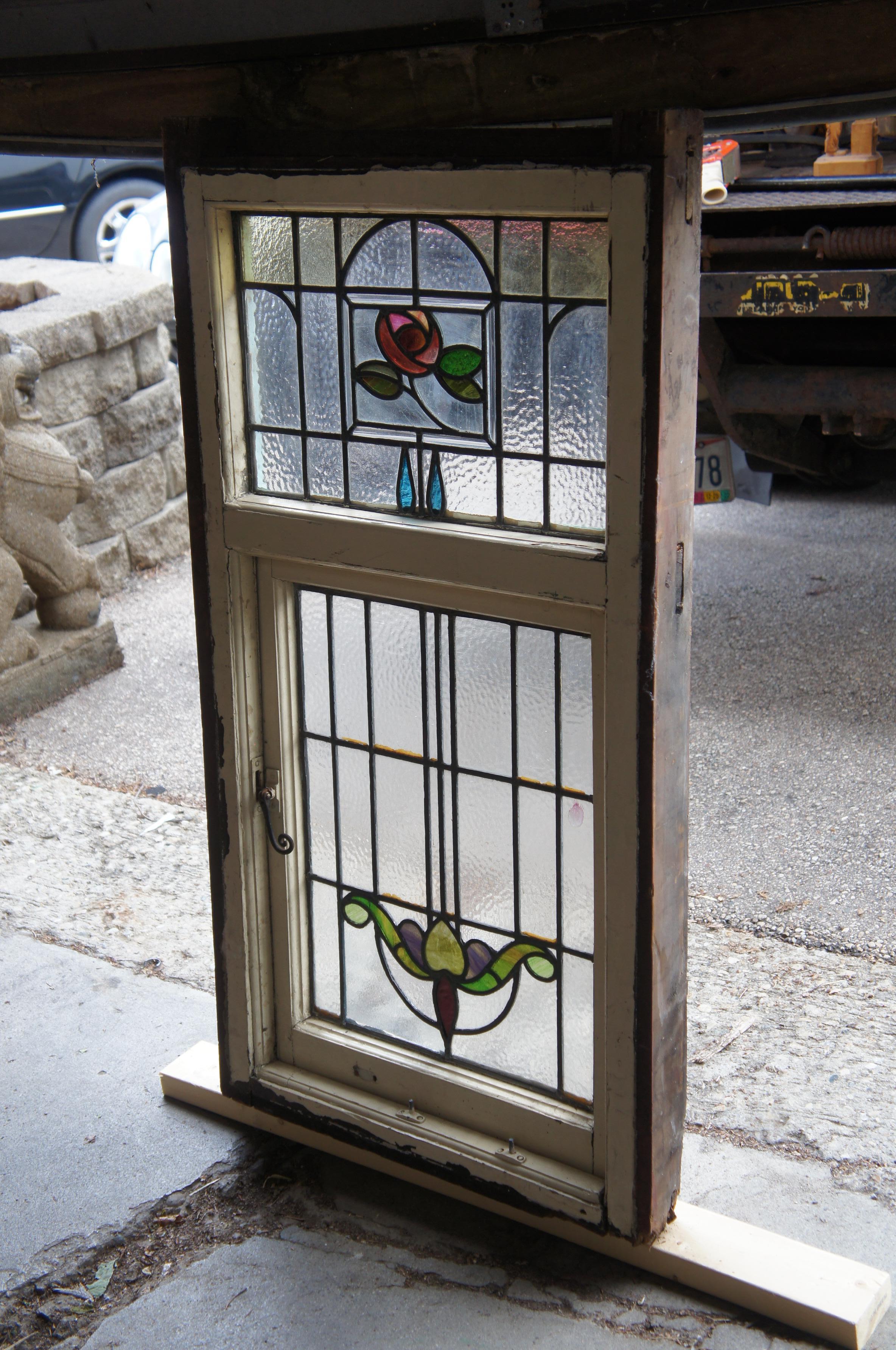 Antique Victorian Art Nouveau Leaded Stained Glass Window Floral Hinged Door 50