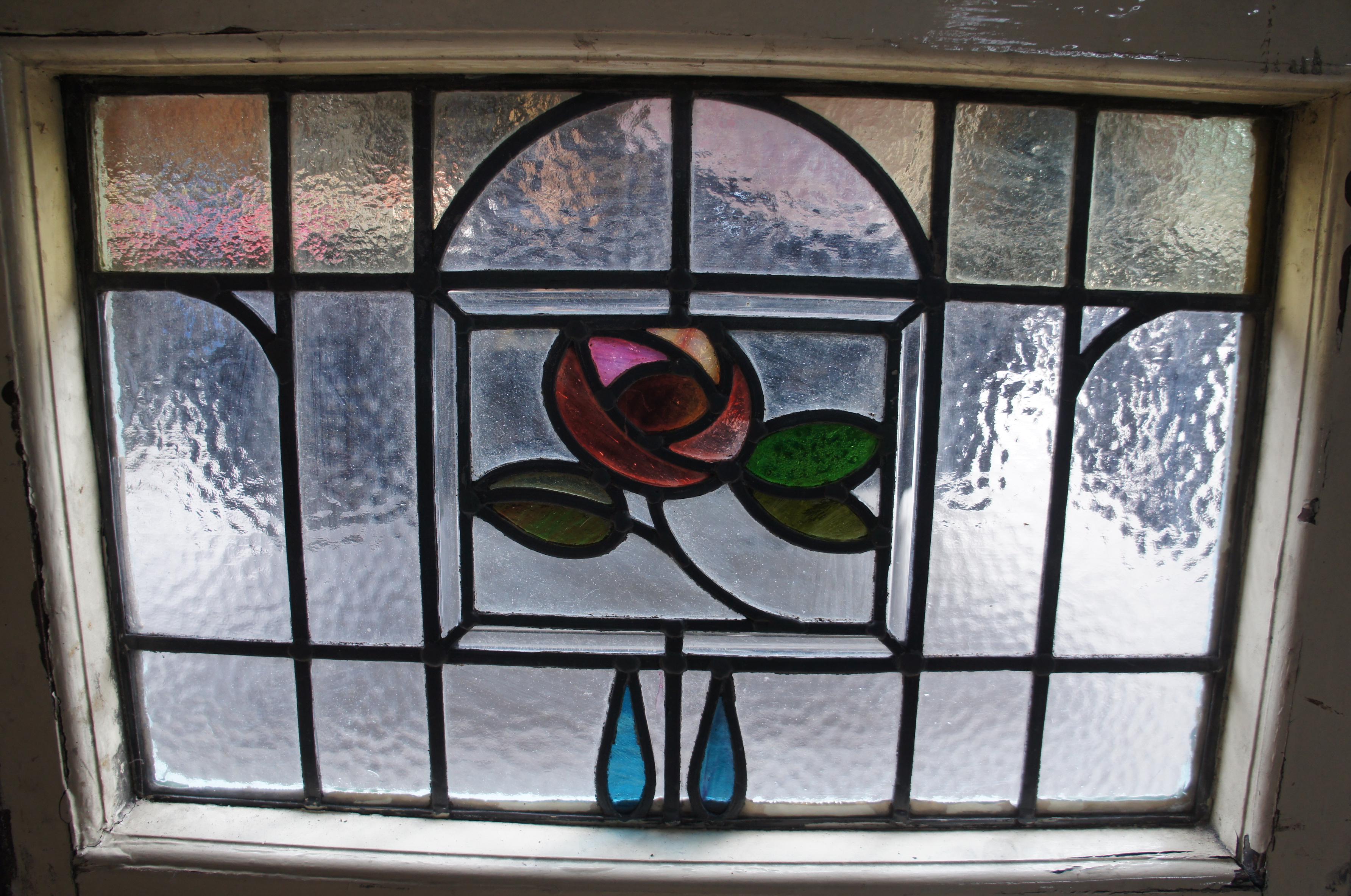 Antique Victorian Art Nouveau Leaded Stained Glass Window Floral Hinged Door 50