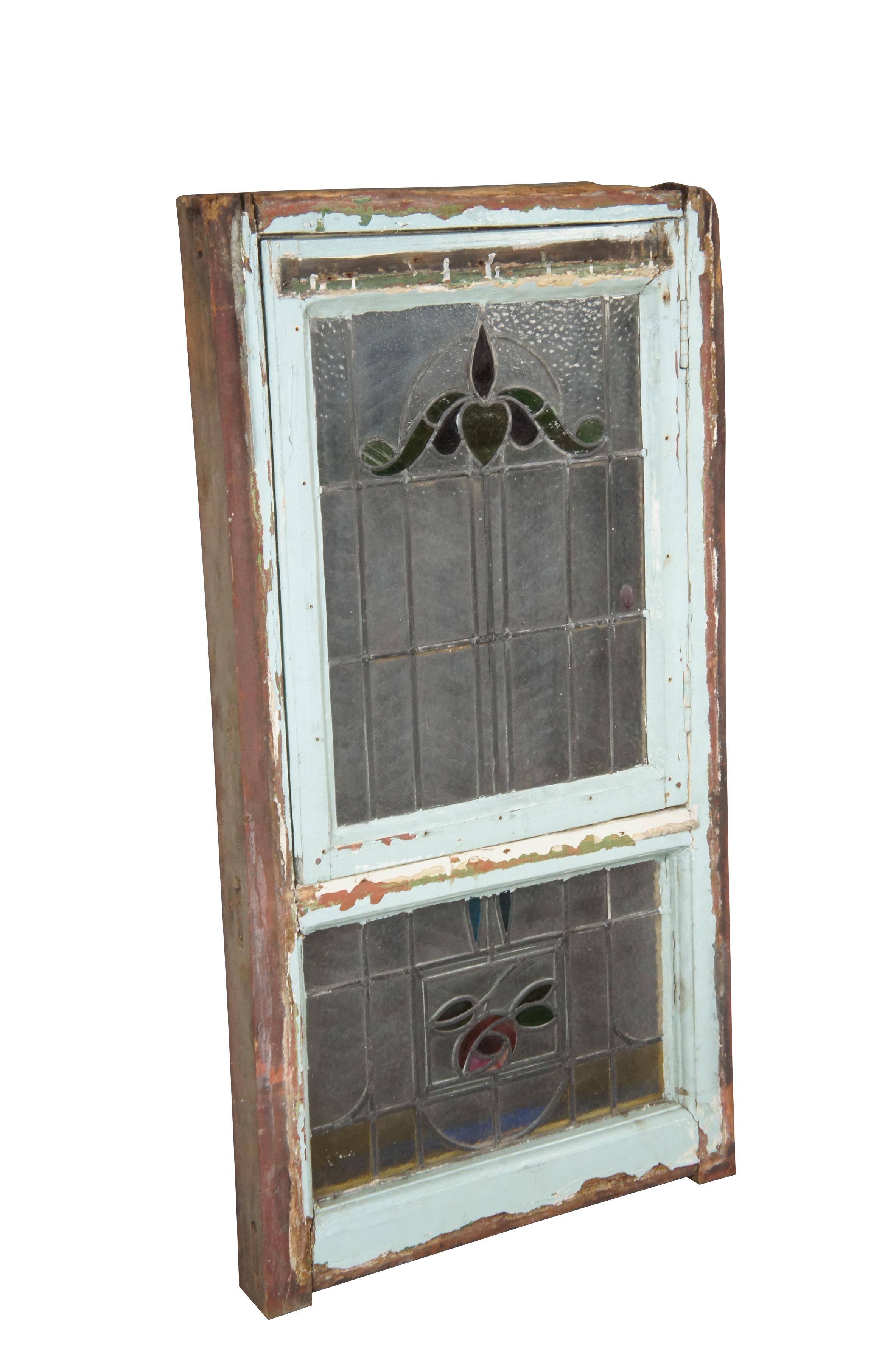 Antique Victorian Art Nouveau Leaded Stained Glass Window Floral Hinged Door 50