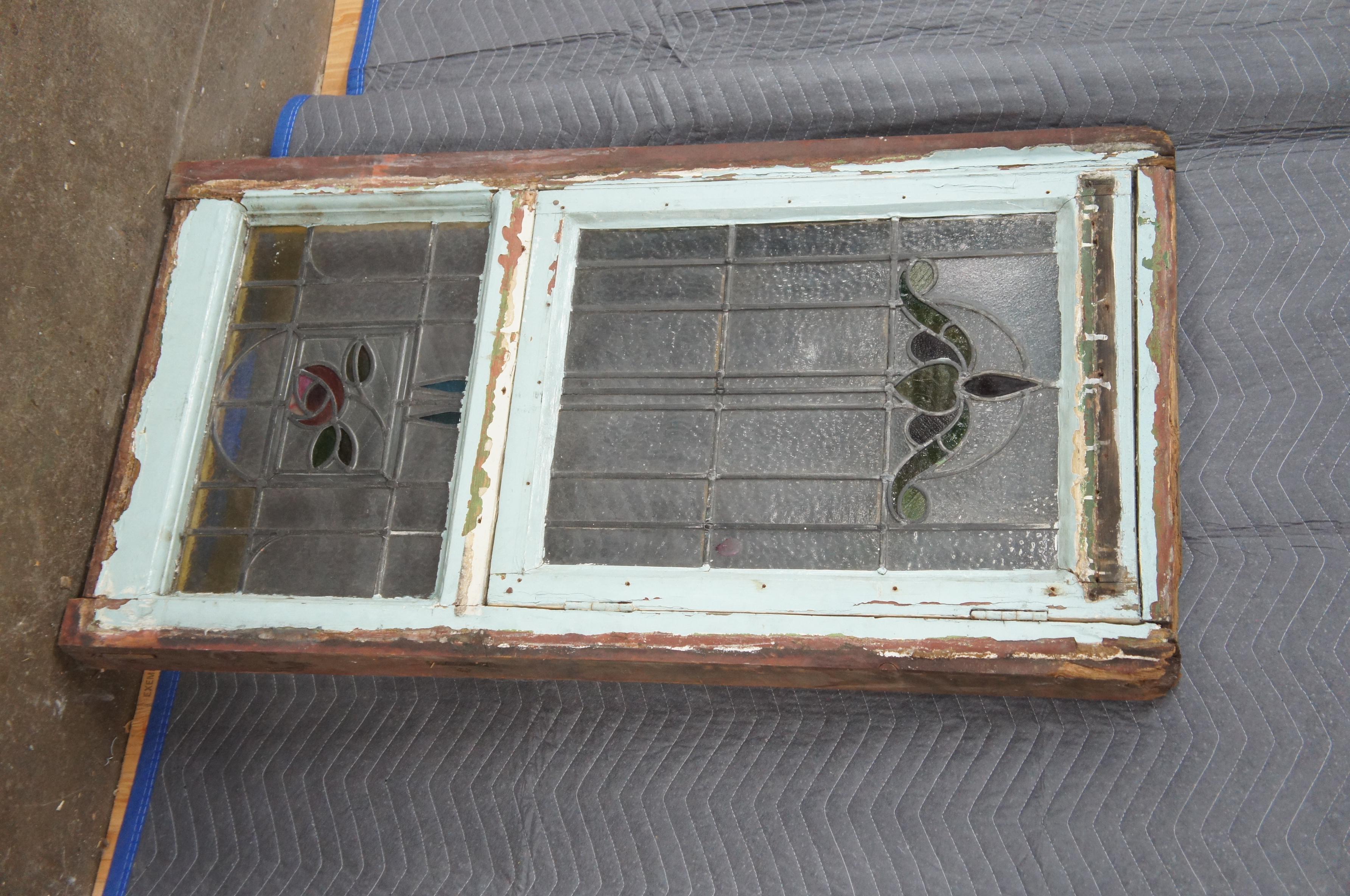 19th Century Antique Victorian Art Nouveau Leaded Stained Glass Window Floral Hinged Door 50
