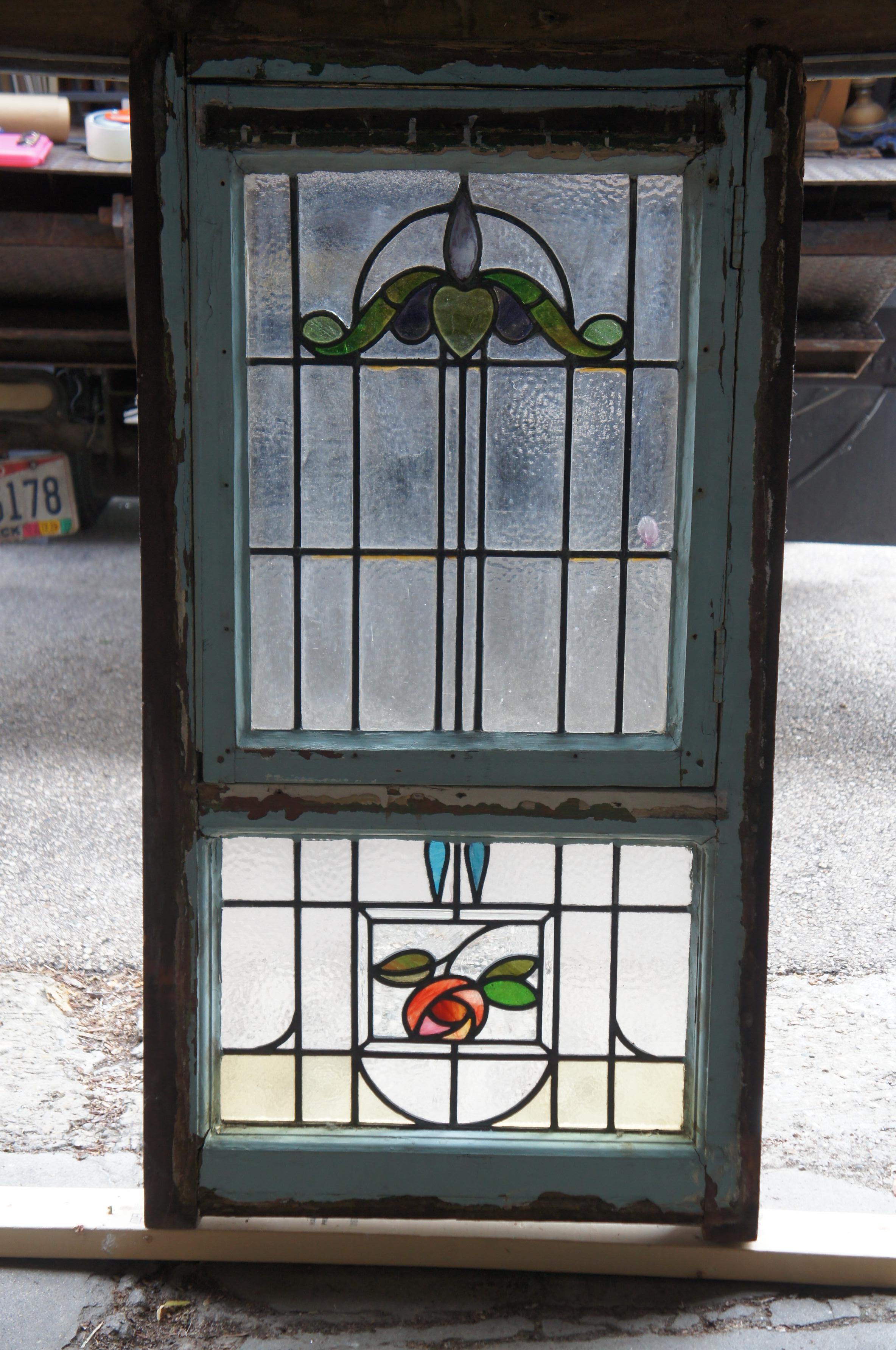 Antique Victorian Art Nouveau Leaded Stained Glass Window Floral Hinged Door 50