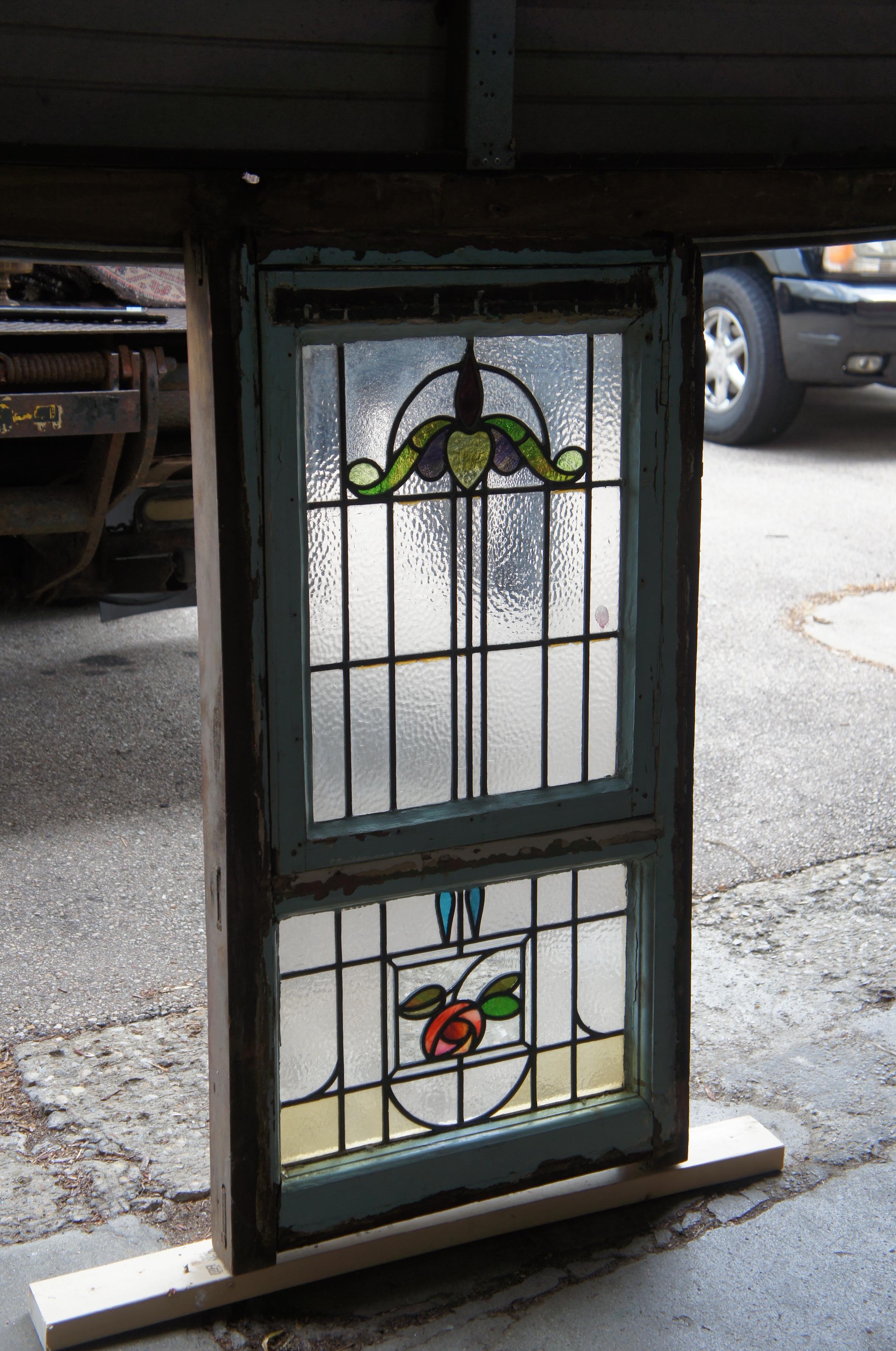 Antique Victorian Art Nouveau Leaded Stained Glass Window Floral Hinged Door 50